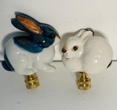 20 th cc Porcelain Rabbit Figurines Pair Lamp Finials