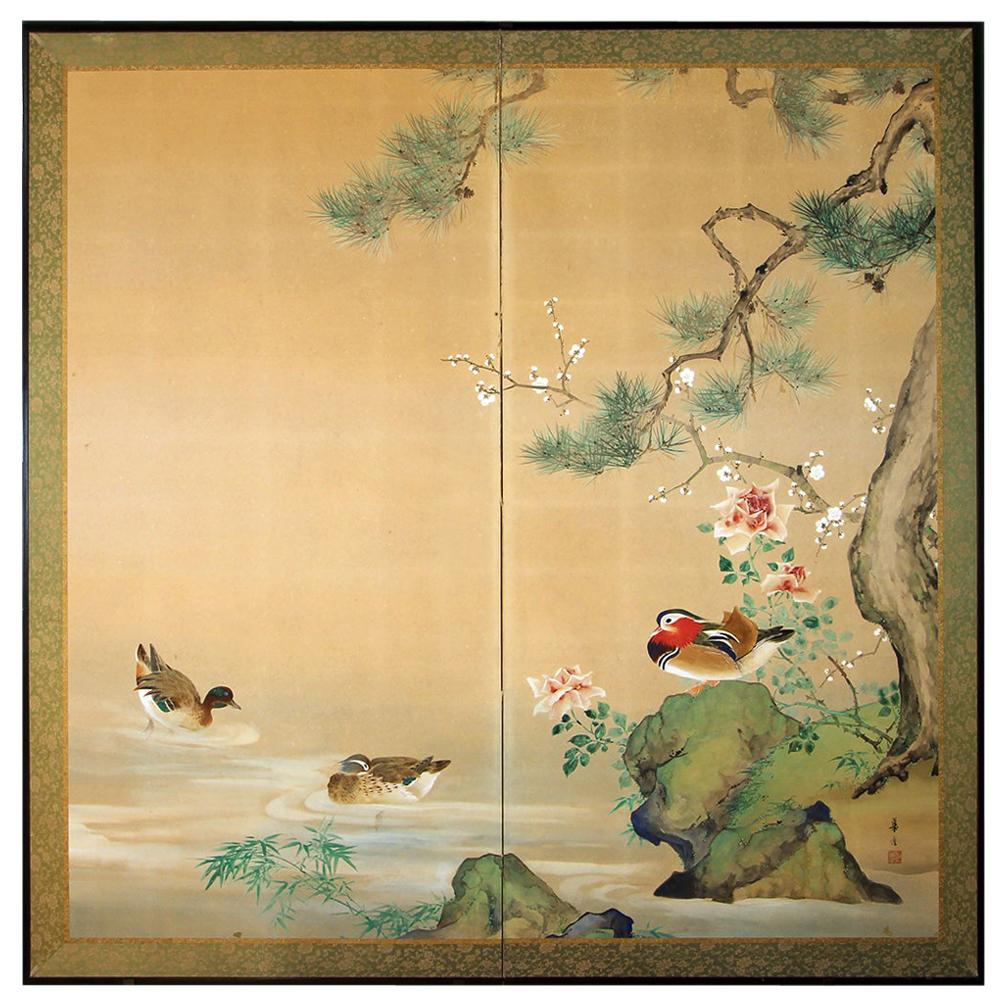 20th Century, Japanese Two Panels Screen Showa Period, Painted on Rice Paper