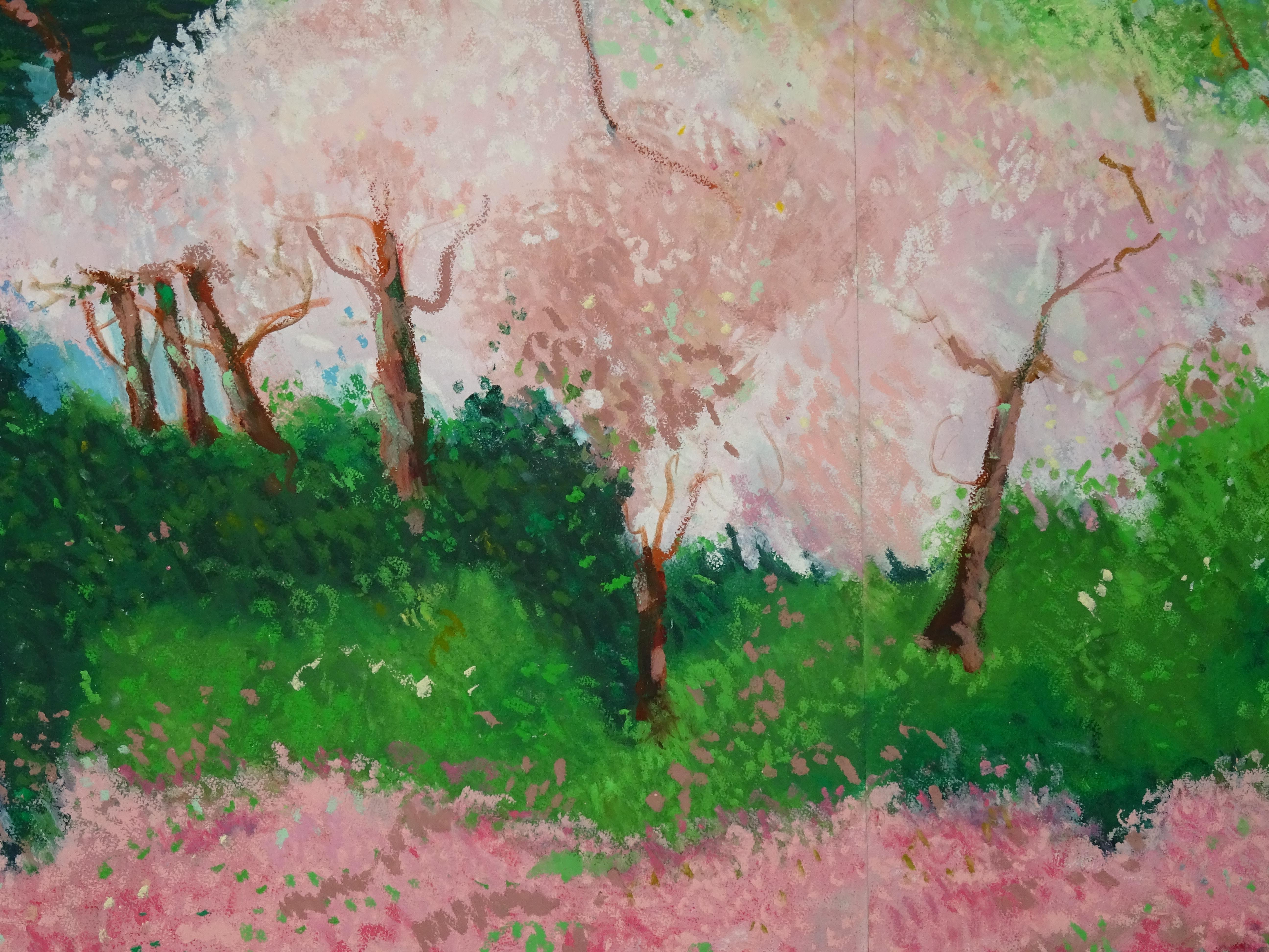 20th Century Painting Green Pink Mixed Technique on Paper 8
