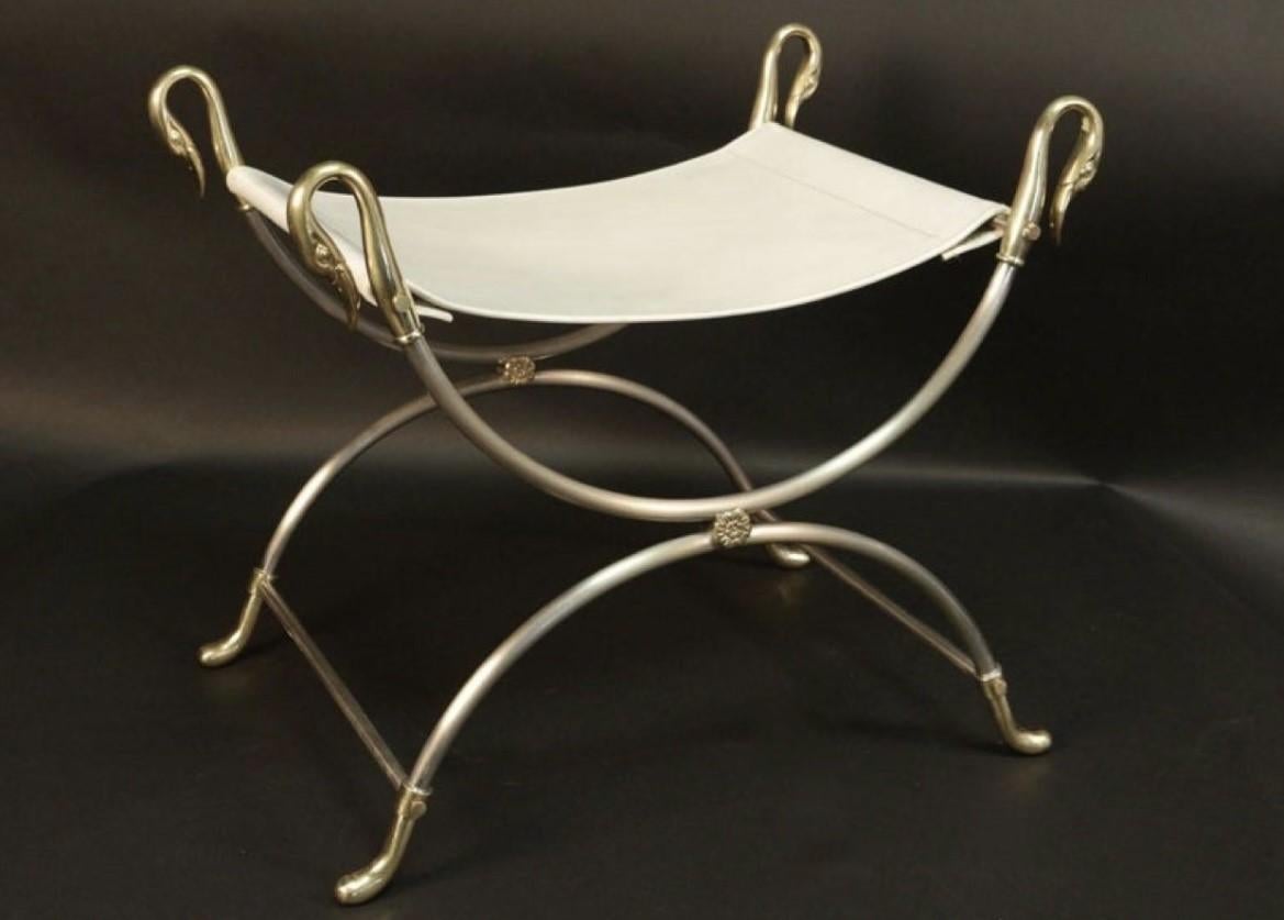 Bronzed 20 th century Neoclassical silvered steel curule stool with swan head For Sale