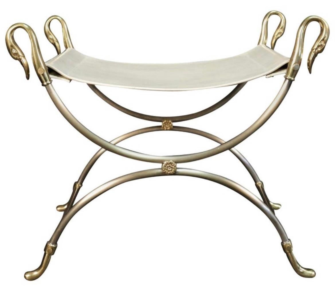 20 th century Neoclassical silvered steel curule stool with swan head In Good Condition For Sale In Madrid, ES
