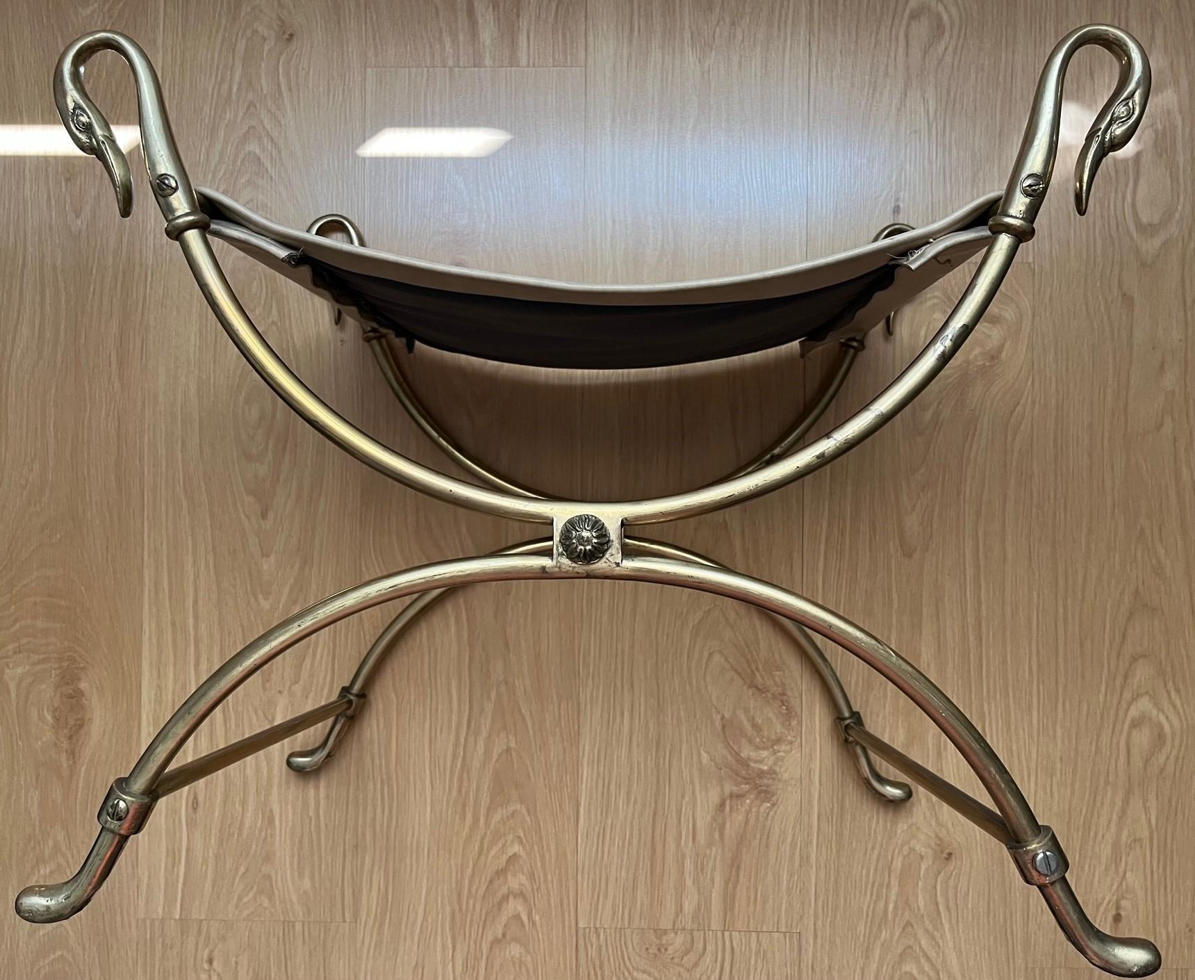 Brass 20 th century Neoclassical silvered steel curule stool with swan head For Sale