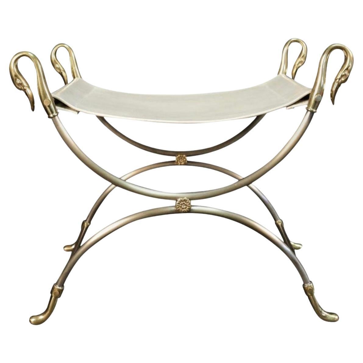 20 th century Neoclassical silvered steel curule stool with swan head For Sale