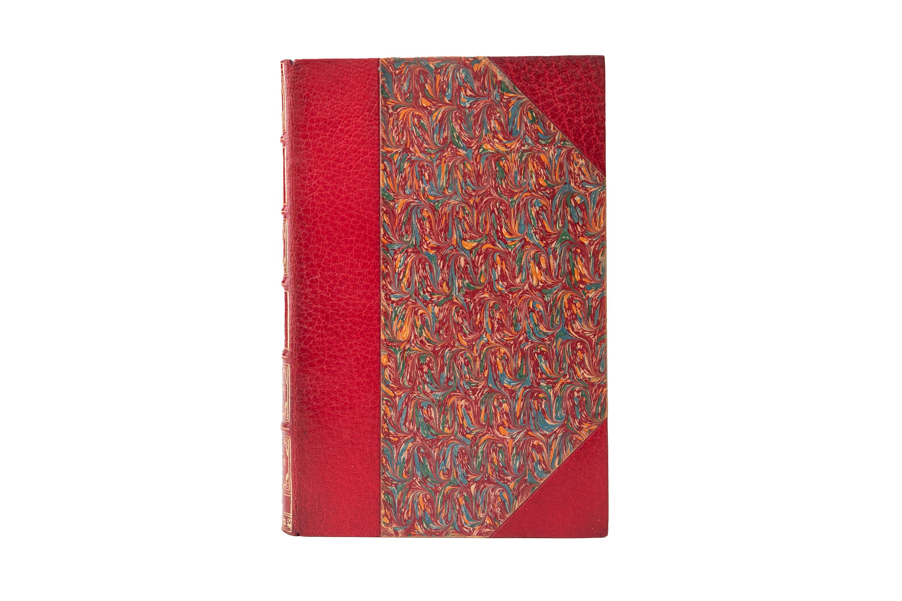 20 Volumes. R.L. Stevenson, Complete Works. Bound by Blackwell in 3/4 red morocco and marbled boards. Raised band spine with ornate gilt-tooling. Top edges are gilt with marbled endpapers. Frontispieces. New York: Charles Scribner's Sons, 1896.