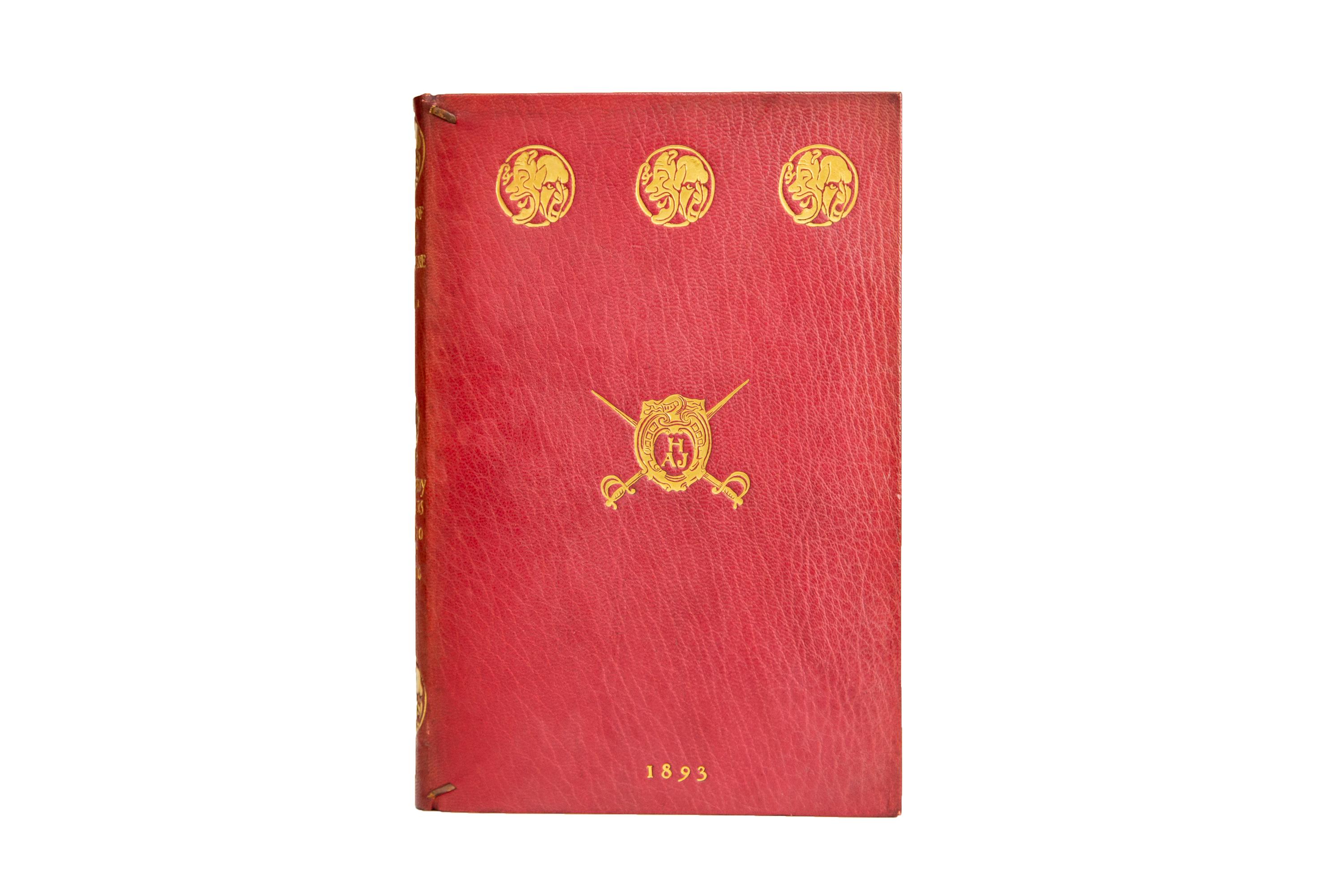 20 Volumes. William Shakespeare, The Works. Bound for Major Henry Arthur Johnstone in full pink morocco with covers displaying the classic detailing of Mr. Johnstone's personal library. Those details being a seal containing his initials, along with