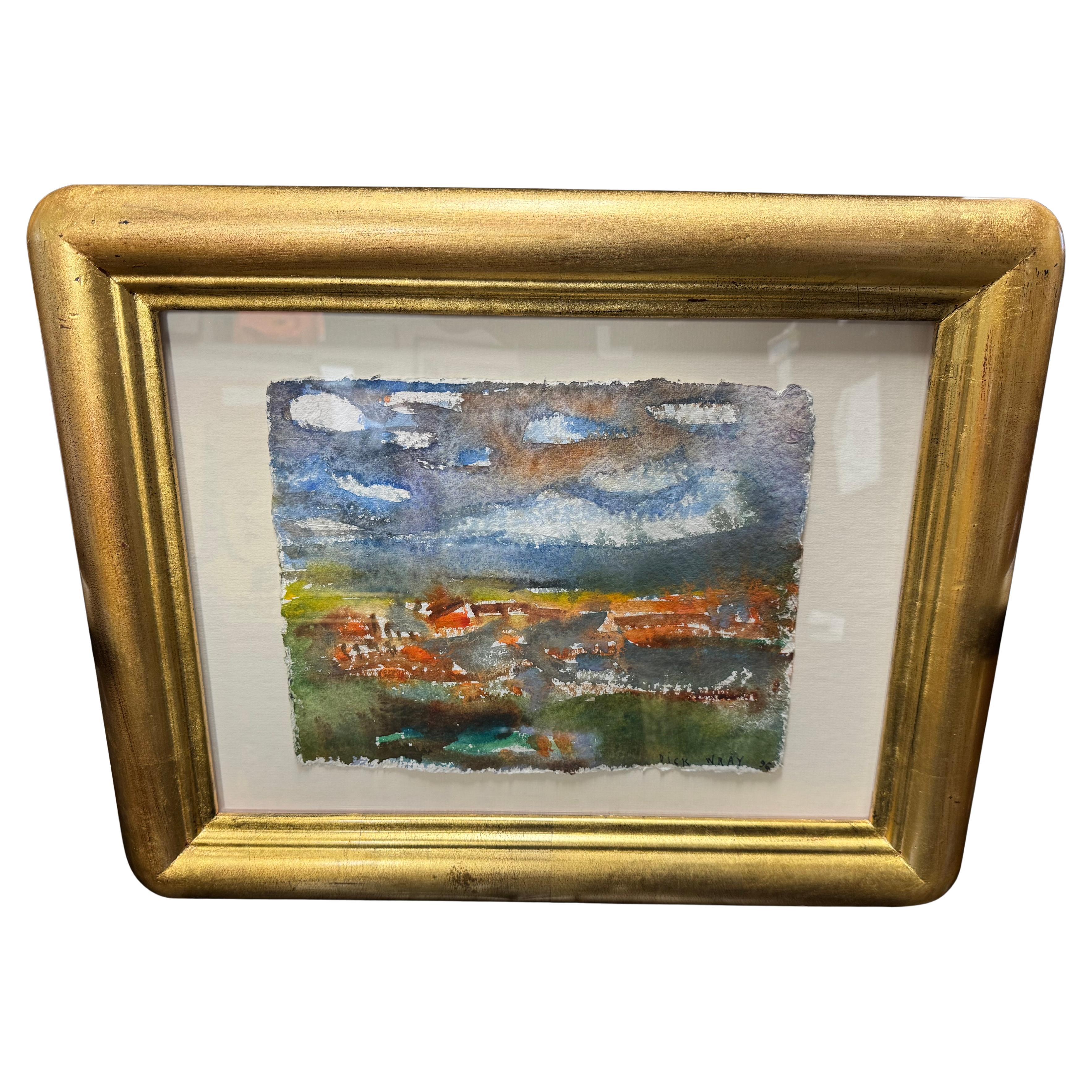 Dies ist ein Aquarell von Dick Wray.
Es ist in einem abstrakten expressionistischen Stil gehalten.
Sie stellt eine Landschaft dar. Der Rahmen ist aus vergoldetem Holz.
Dick Wray war ein abstrakt-expressionistischer Künstler aus Houston, Texas.