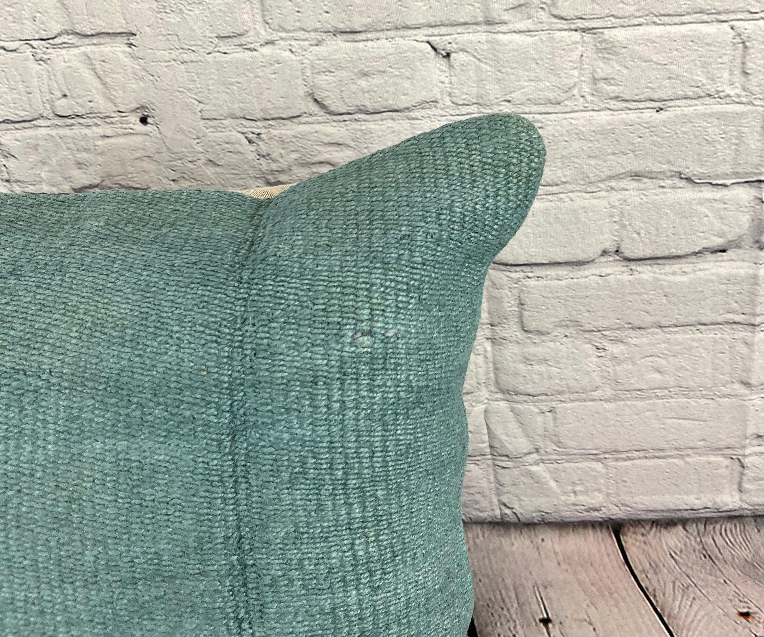Hand-Knotted 20 x 20 Hemp Pillow Turkish Cushion Natural Blue Pillow Cushion Cover #6366 For Sale