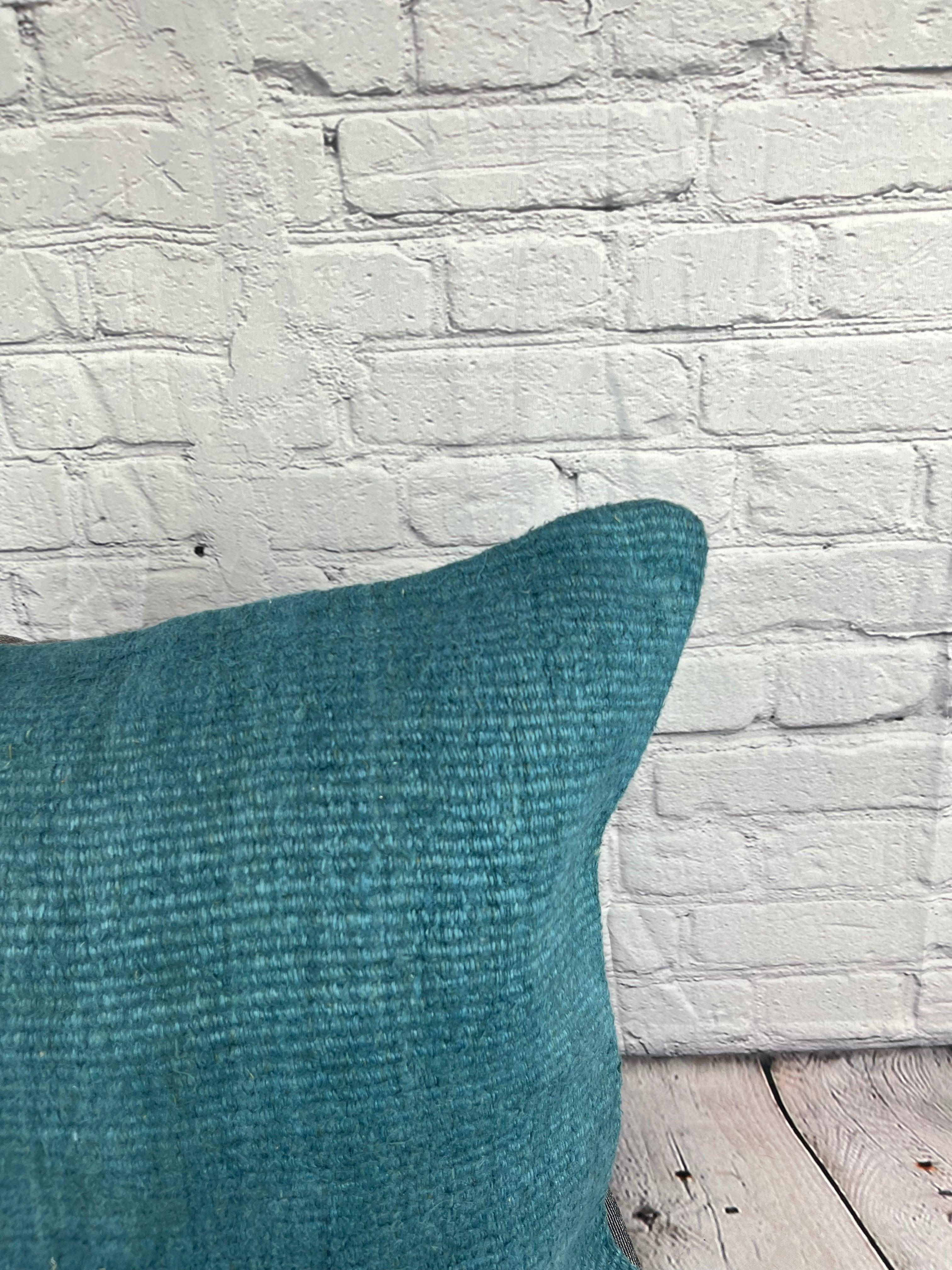 Hand-Knotted 20 x 20 Hemp Pillow Turkish Cushion Natural Blue Pillow Cushion Cover #6416 For Sale