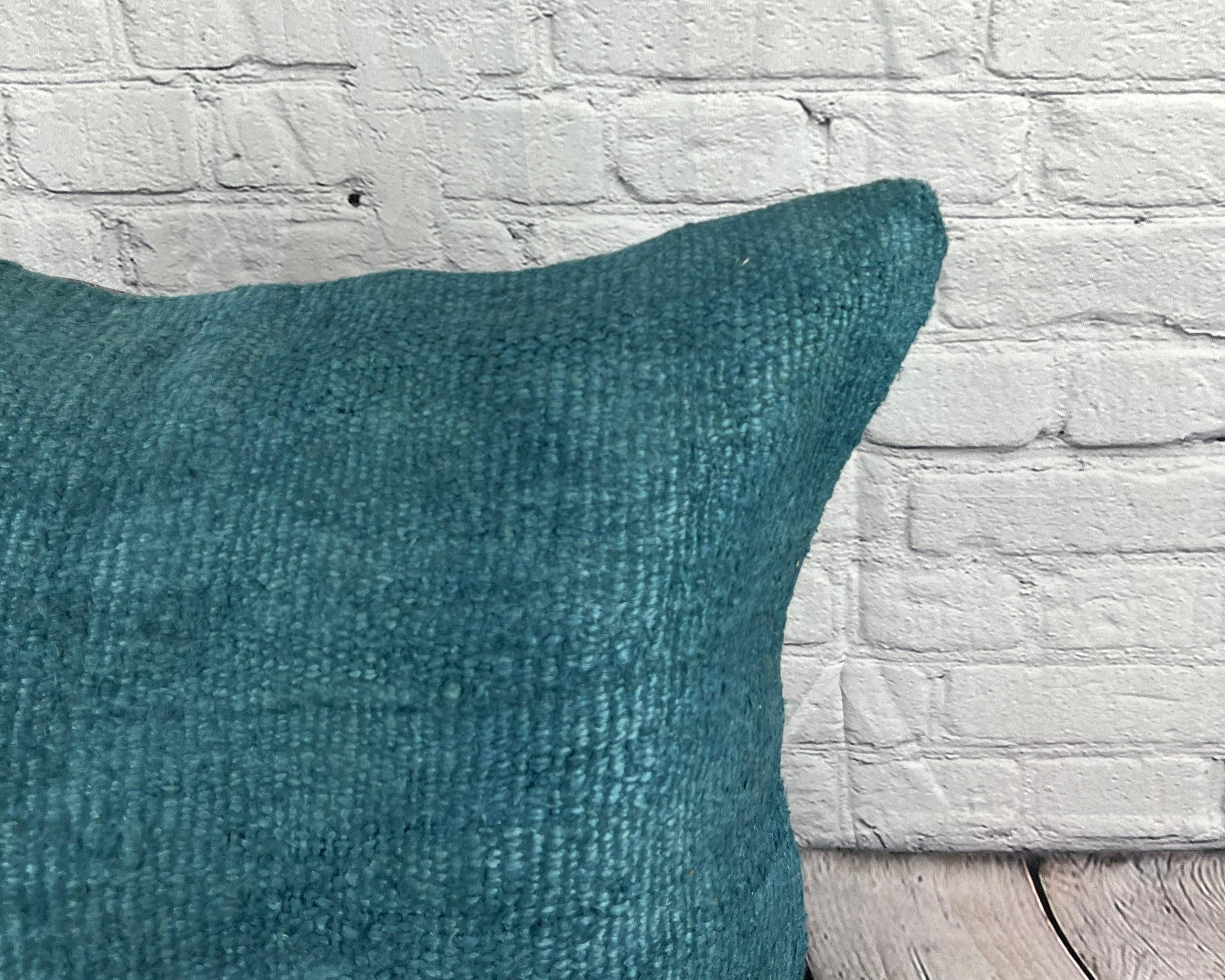 Hand-Knotted 20 x 20 Hemp Pillow Turkish Cushion Natural Blue Pillow Cushion Cover #6422 For Sale
