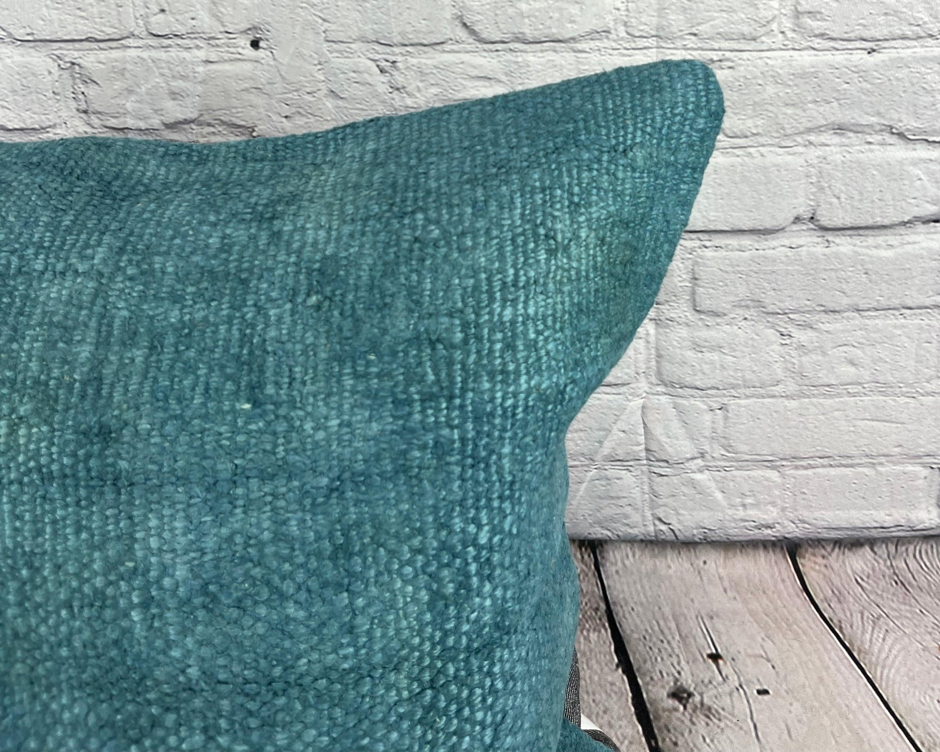 Hand-Knotted 20 x 20 Hemp Pillow Turkish Cushion Natural Blue Pillow Cushion Cover #6426 For Sale