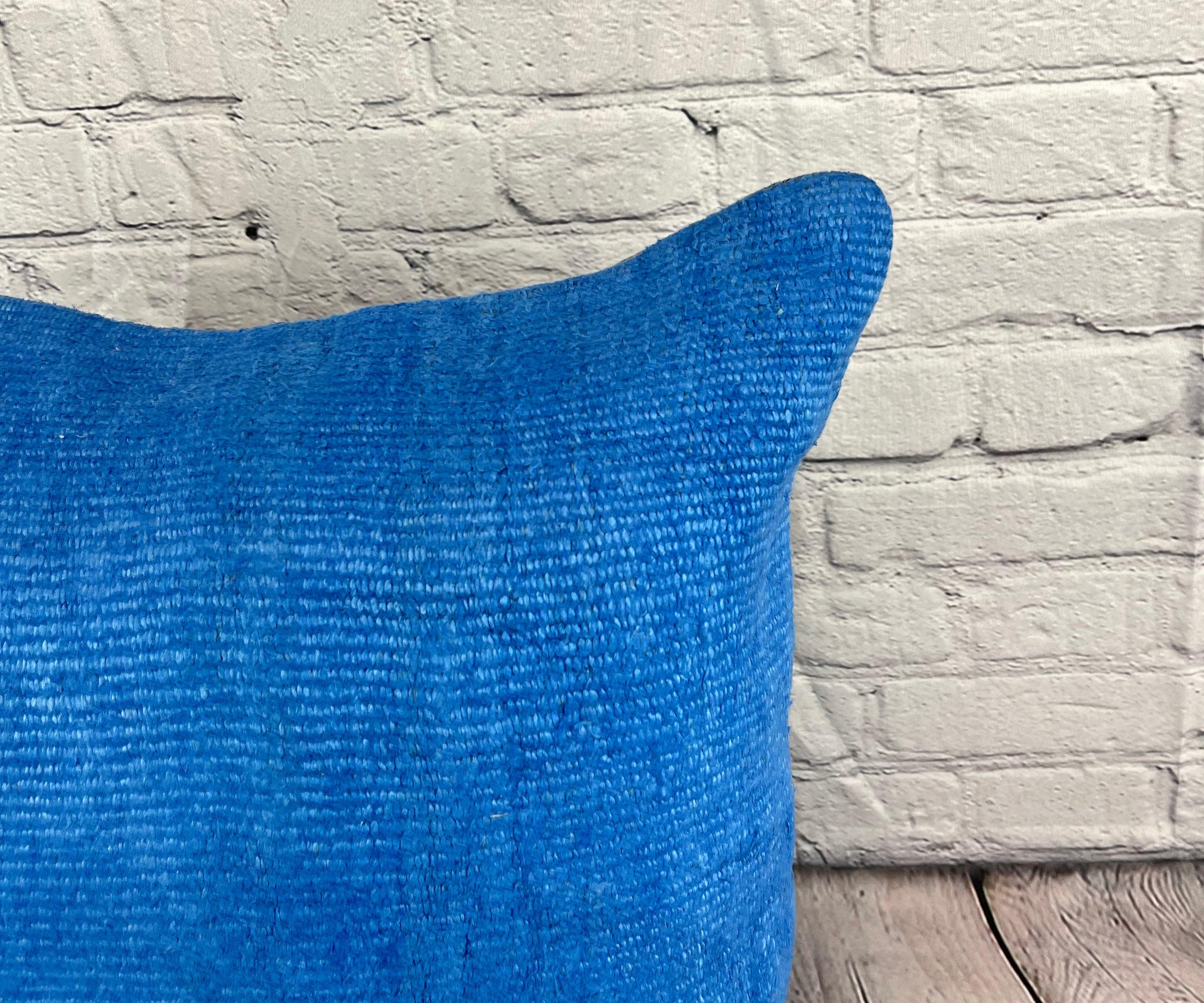 Hand-Knotted 20 x 20 Hemp Pillow Turkish Cushion Natural Blue Pillow Cushion Cover #6444