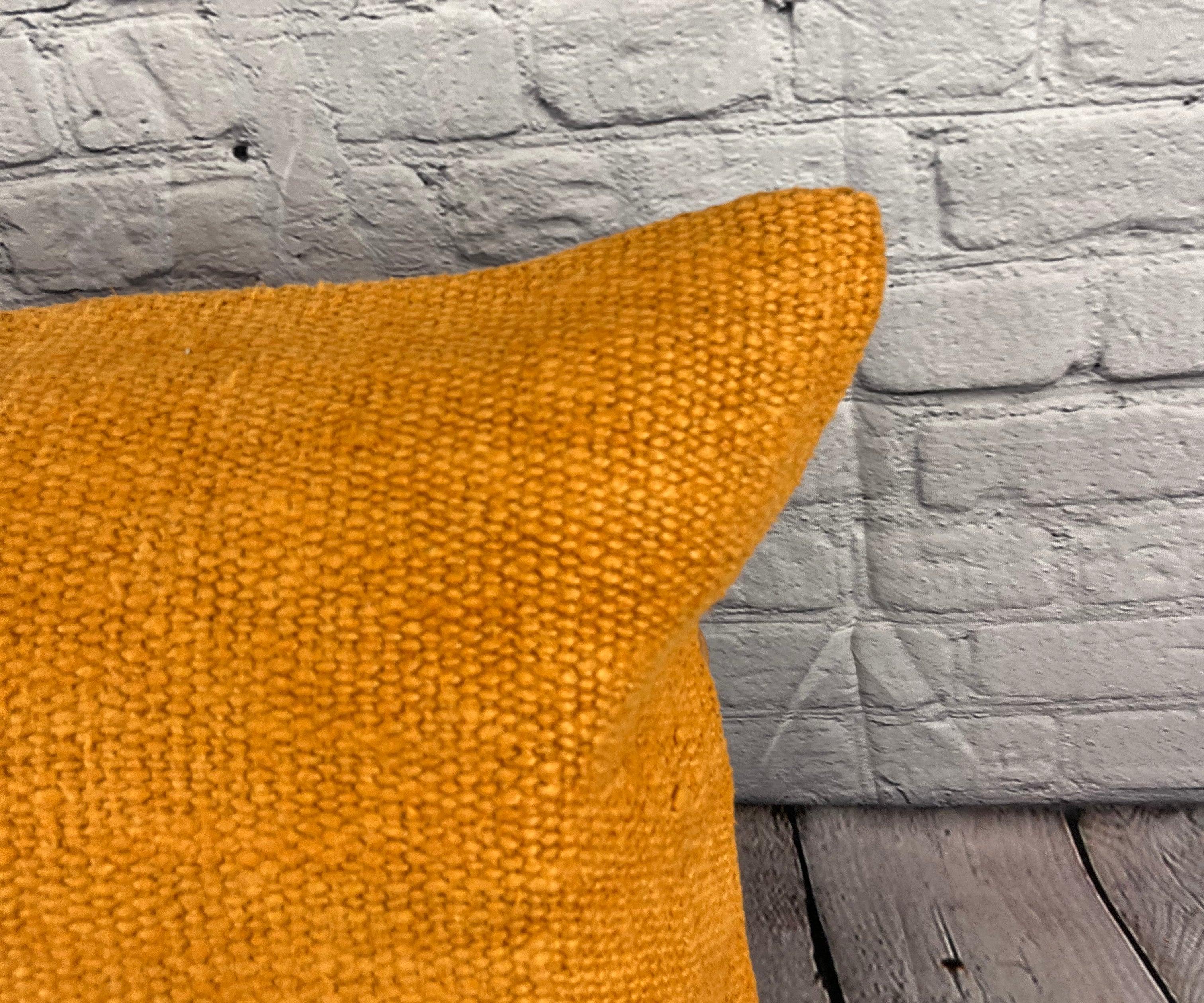 Hand-Knotted 20 x 20 Hemp Pillow Turkish Cushion Natural Orange Pillow Cushion Cover #6288 For Sale