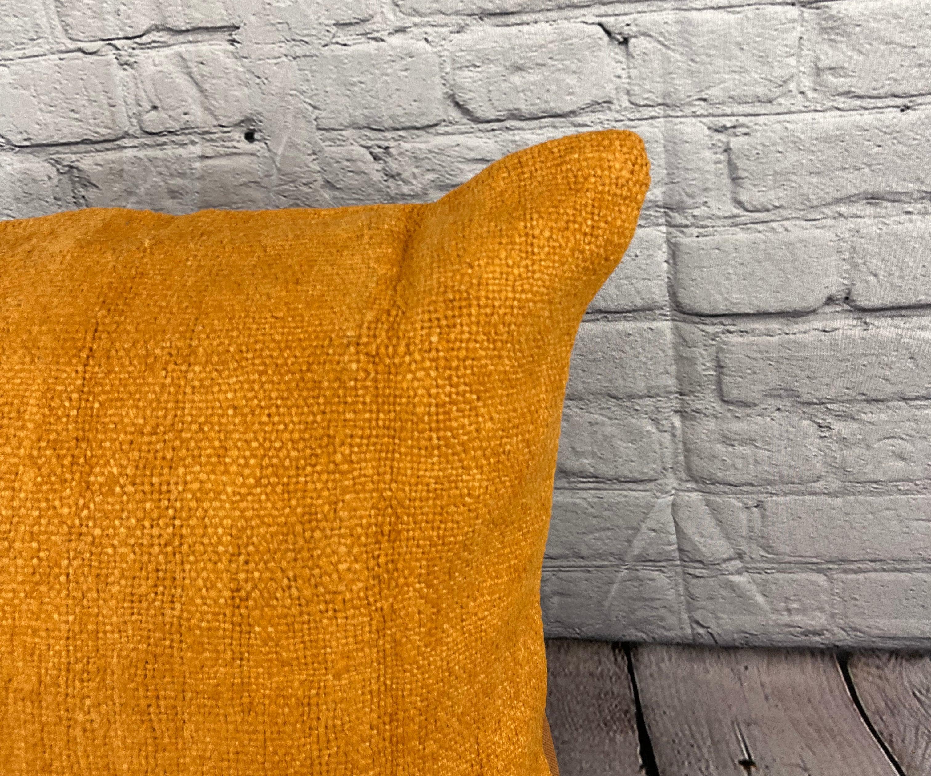 Hand-Knotted 20 x 20 Hemp Pillow Turkish Cushion Natural Orange Pillow Cushion Cover #6294 For Sale