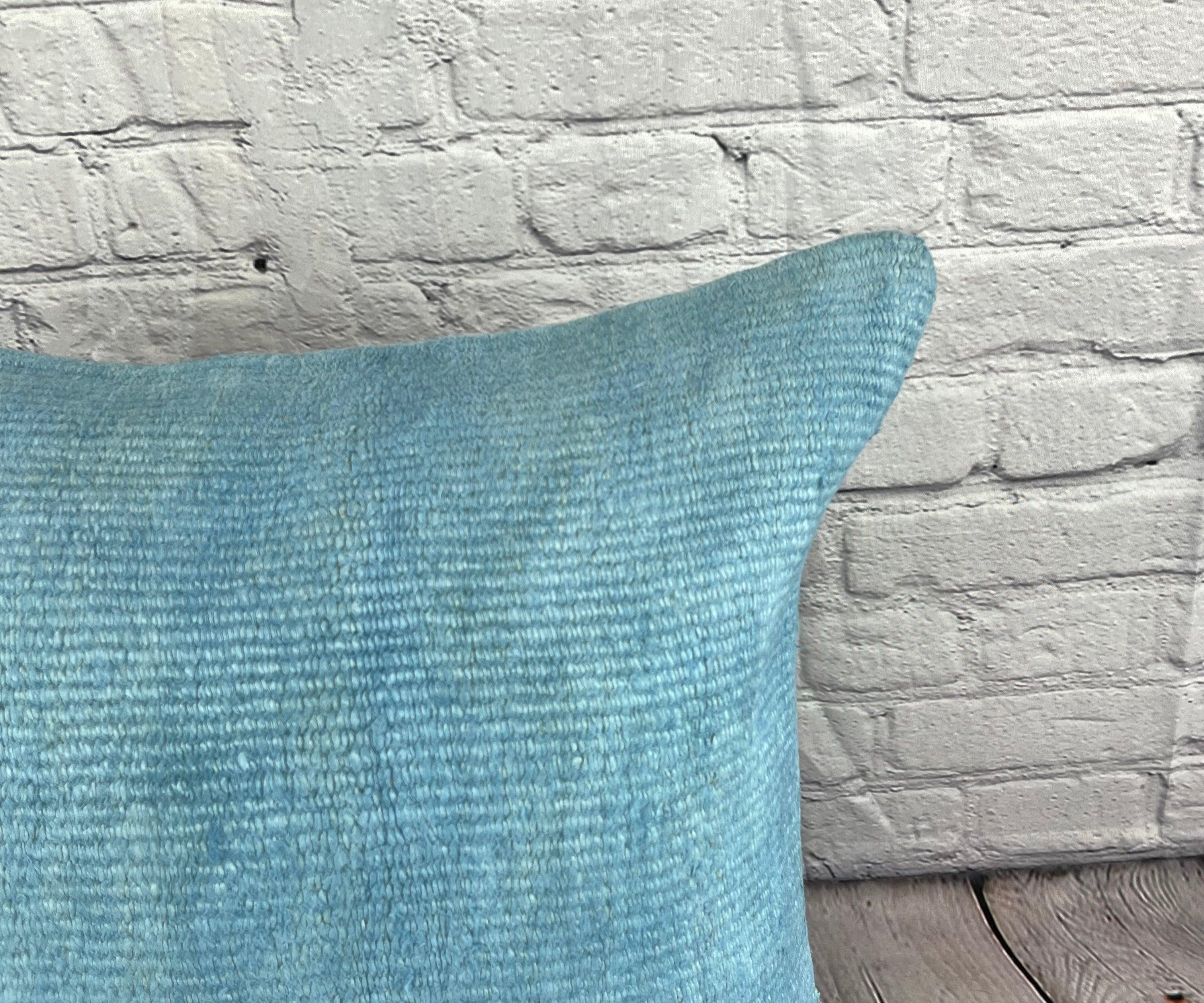 Hand-Knotted 20 x 20 Hemp Pillow Turkish Cushion Natural Sky Blue Pillow Cushion Cover #6435 For Sale