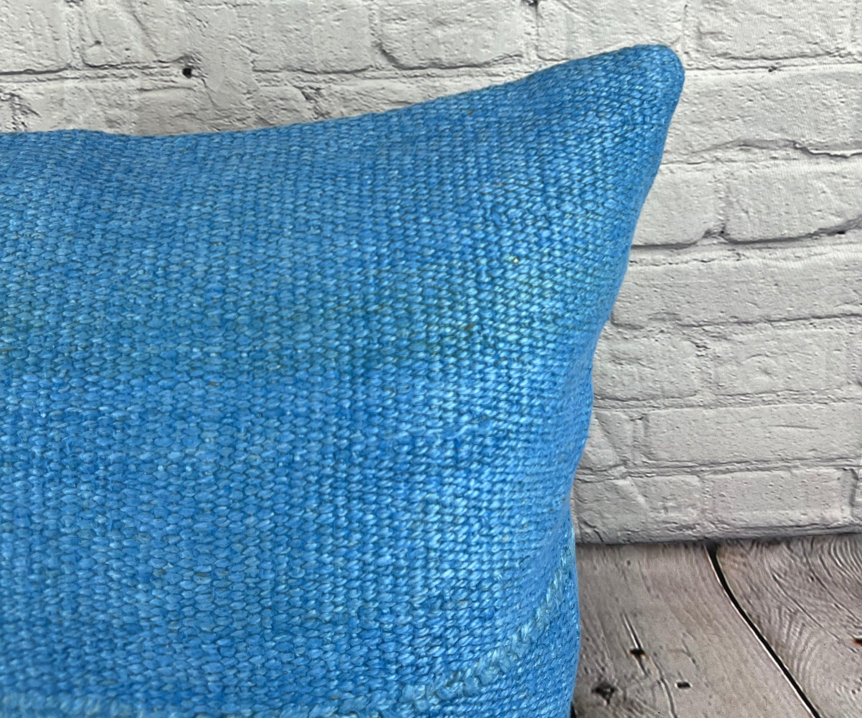 Hand-Knotted 20 x 20 Hemp Pillow Turkish Cushion Natural Sky Blue Pillow Cushion Cover #6439 For Sale