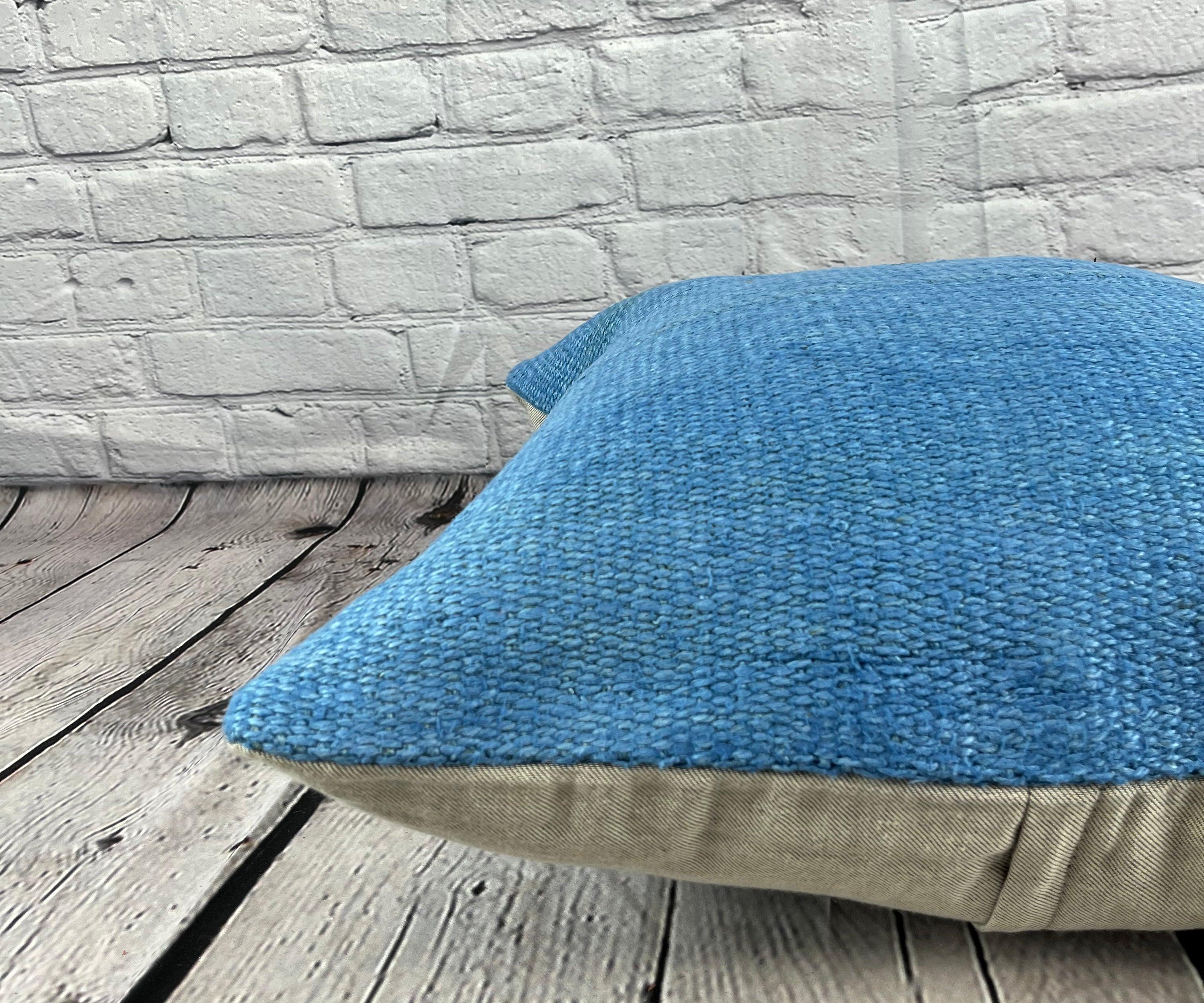 20 x 20 Hemp Pillow Turkish Cushion Natural Sky Blue Pillow Cushion Cover #6439 In New Condition For Sale In Houston, TX