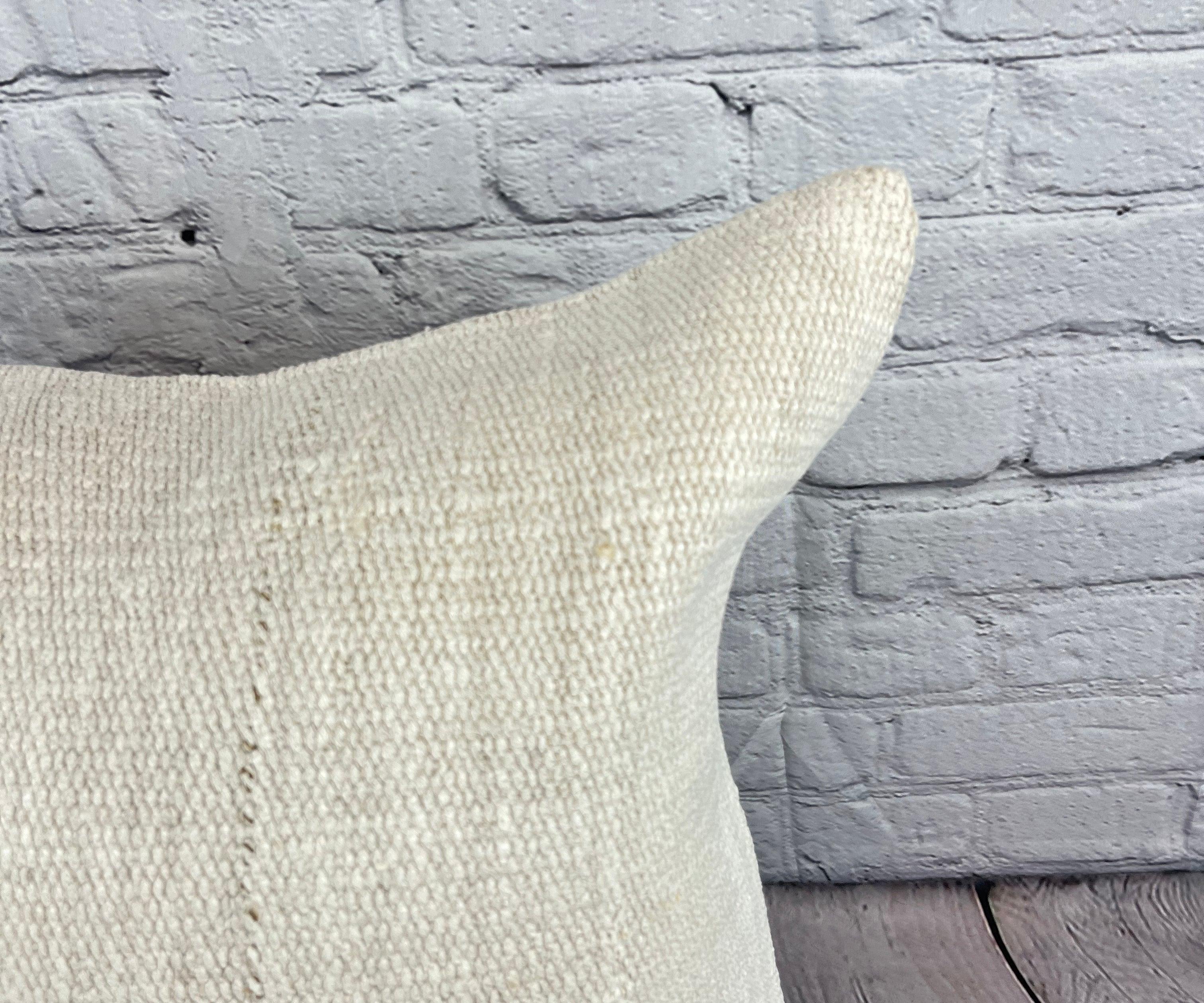Hand-Knotted 20 x 20 Hemp Turkish Cushion Natural Grayish White Pillow Cushion Cover #6485 For Sale