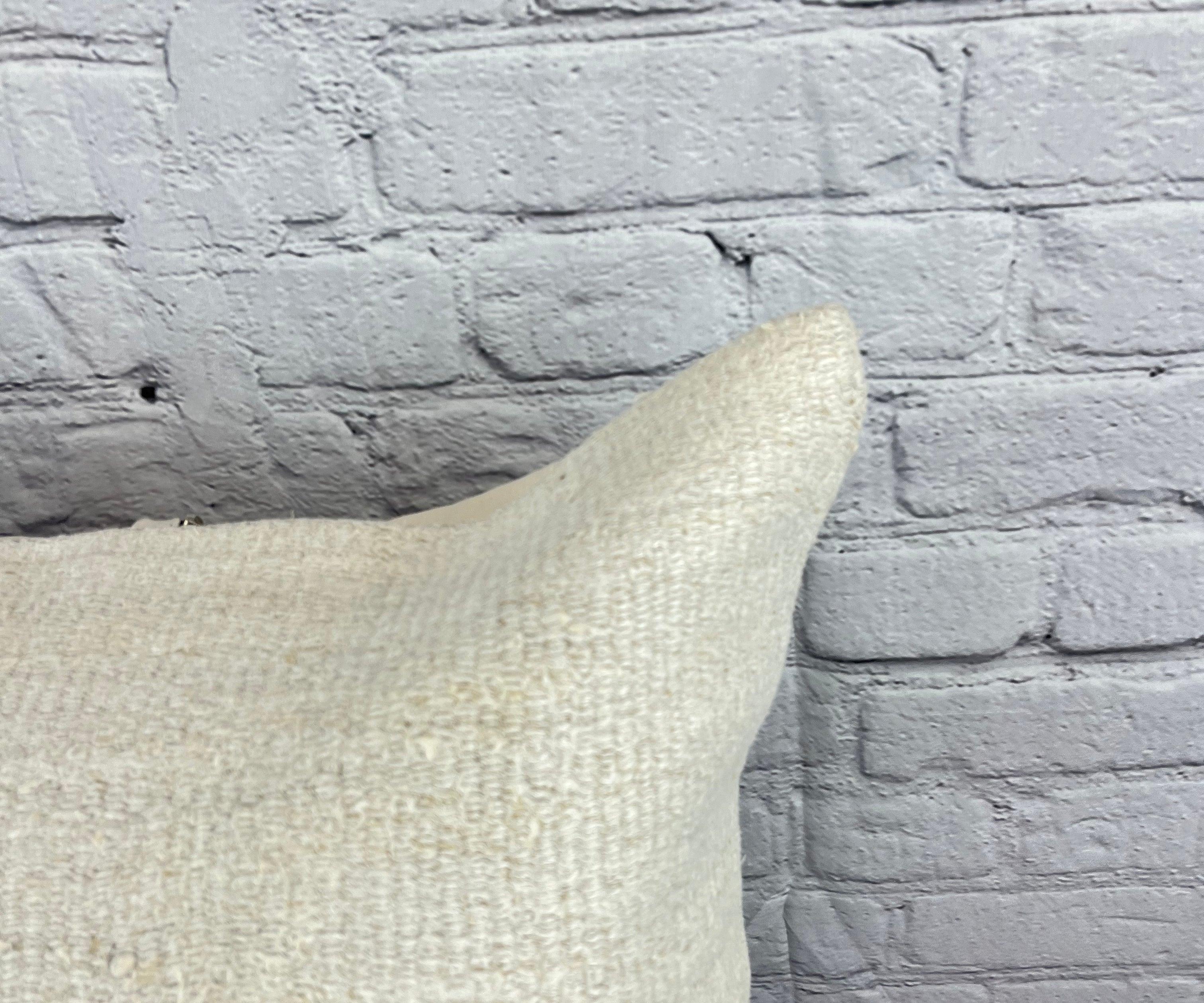 Hand-Knotted 20 x 20 Hemp Turkish Cushion Natural Grayish White Pillow Cushion Cover #6496 For Sale