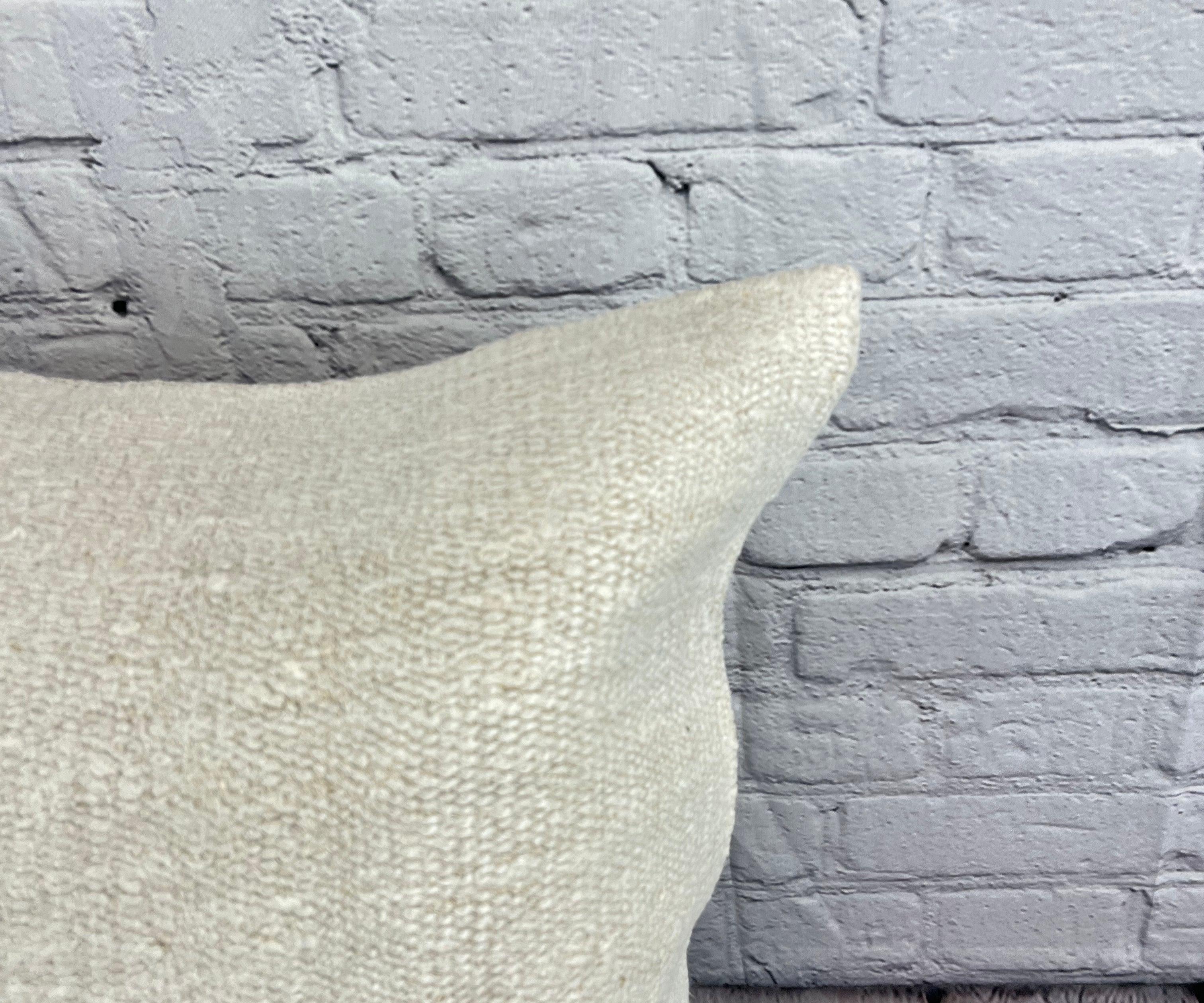 Hand-Knotted 20 x 20 Hemp Turkish Cushion Natural Grayish White Pillow Cushion Cover #6592 For Sale