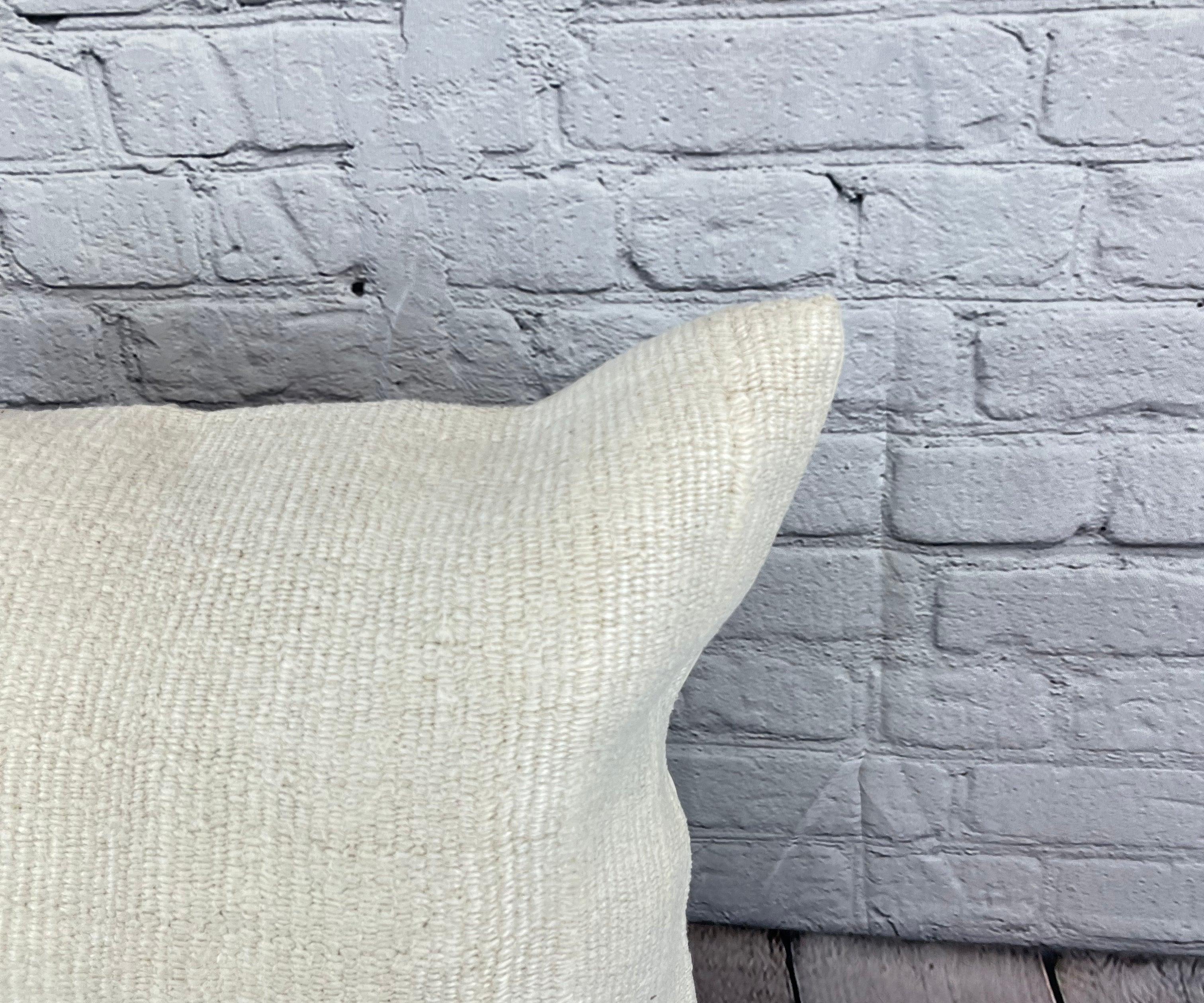 Hand-Knotted 20 x 20 Hemp Turkish Cushion Natural Grayish White Pillow Cushion Cover #6594 For Sale