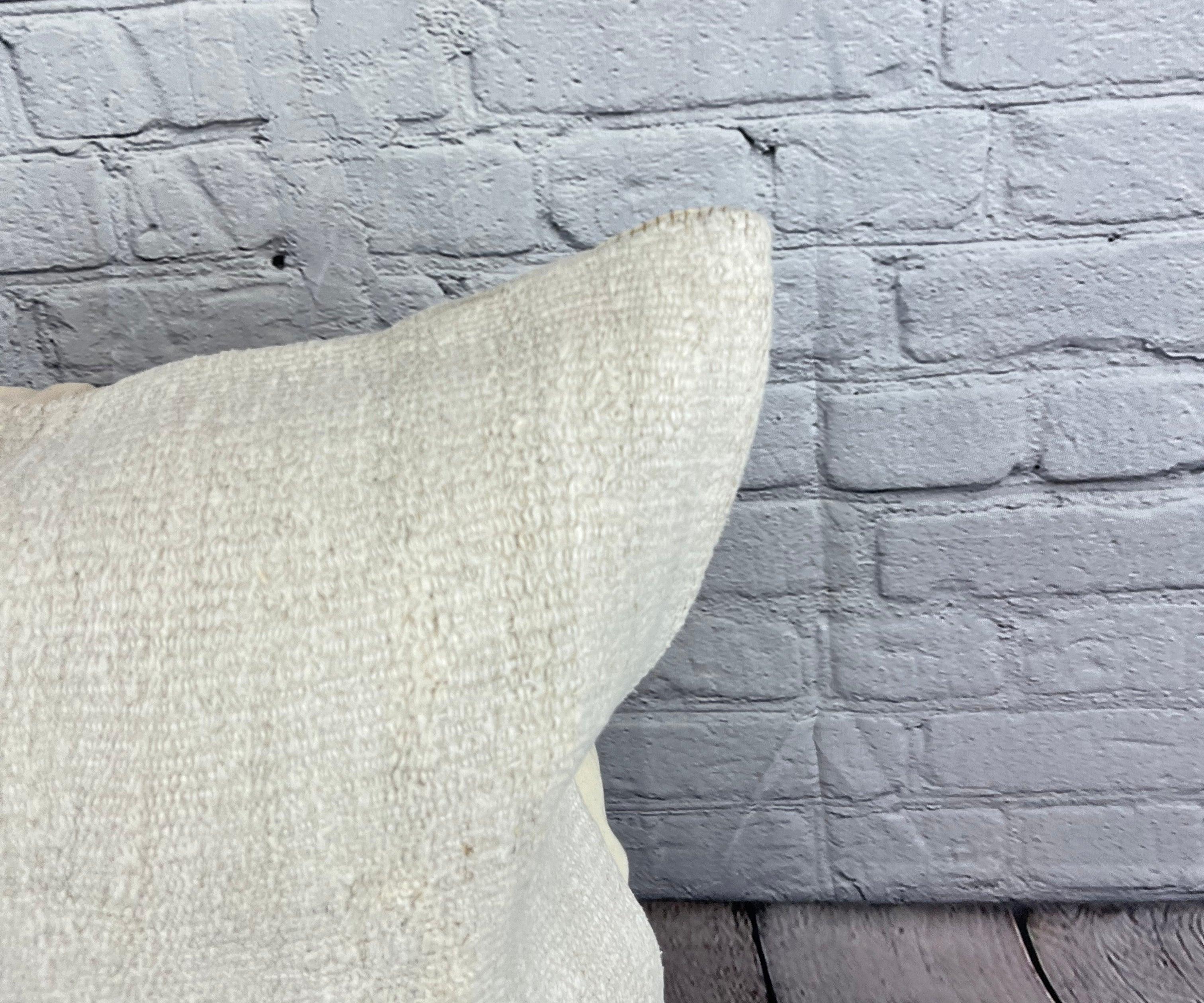 Hand-Knotted 20 x 20 Hemp Turkish Cushion Natural Grayish White Pillow Cushion Cover #6597 For Sale