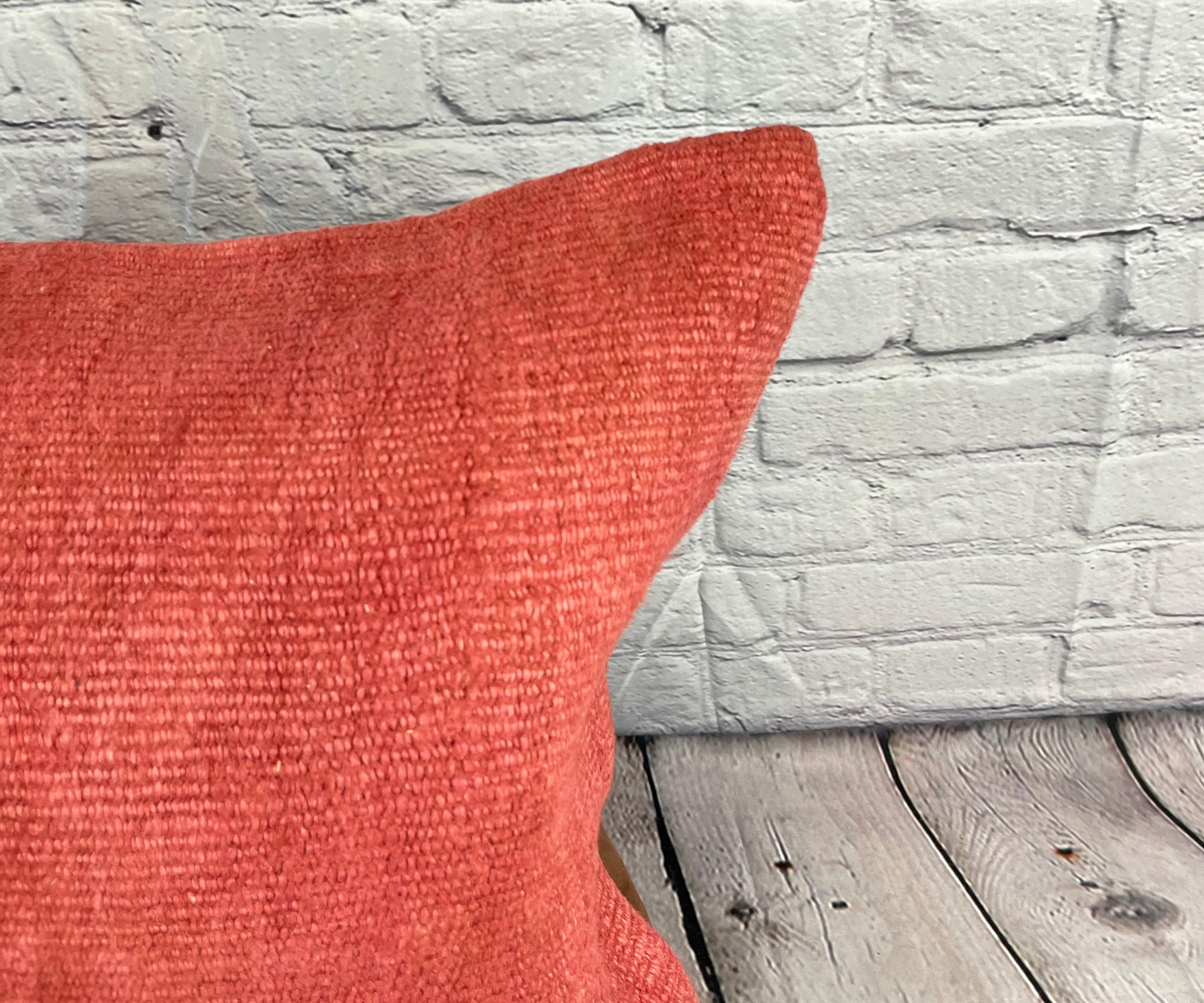 Hand-Knotted 20 x 20 Hemp Turkish Cushion Natural Pinkish Red Pillow Cushion Cover #6466 For Sale