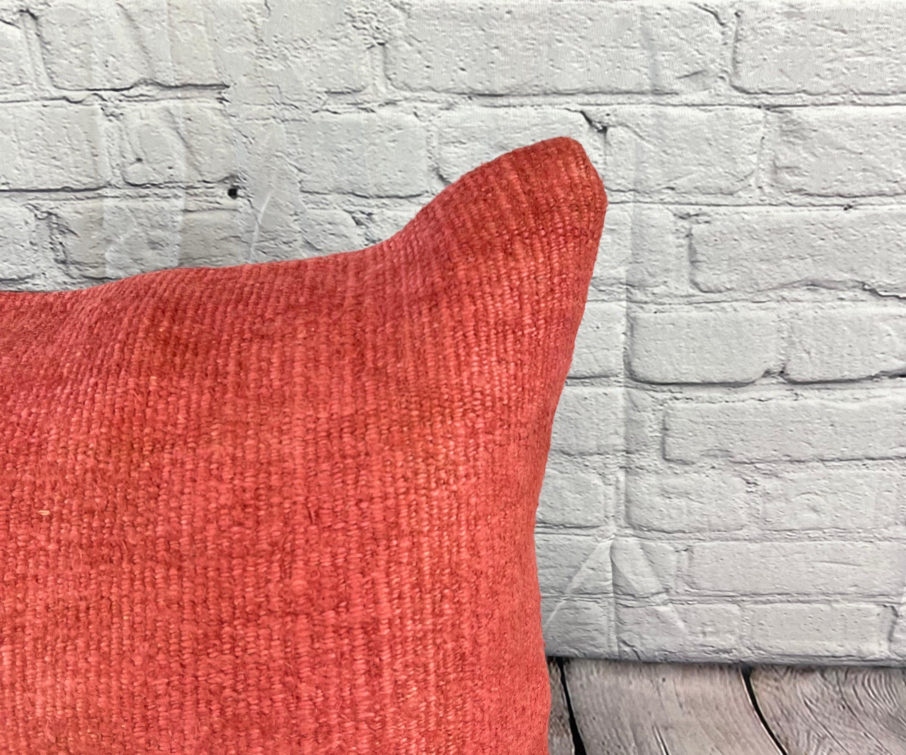 Hand-Knotted 20 x 20 Hemp Turkish Cushion Natural Pinkish Red Pillow Cushion Cover #6476 For Sale