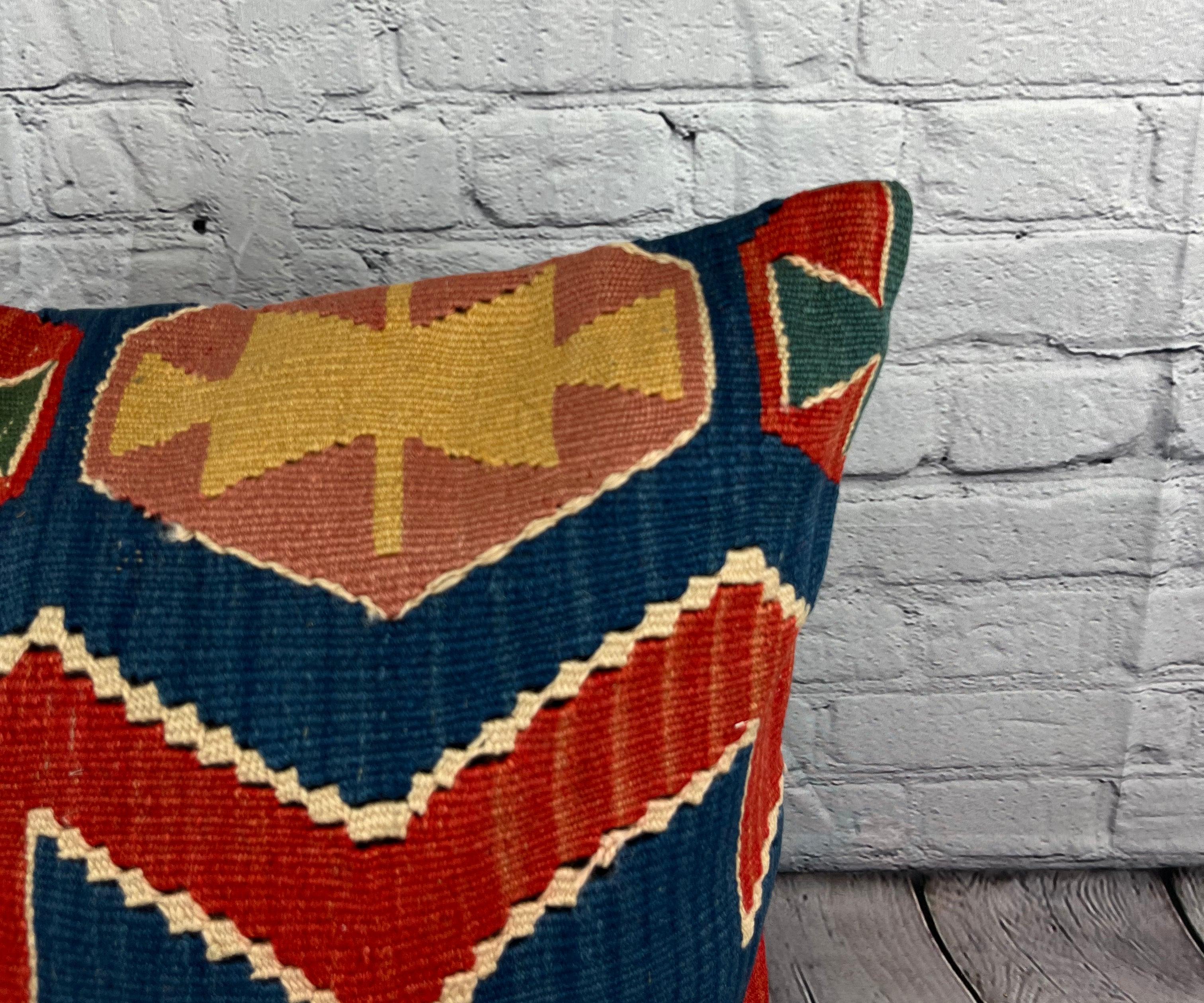 Hand-Knotted 20 x 20 Kilim Pillow Turkish Cushion Natural Red Pillow Cushion Cover #6187 For Sale