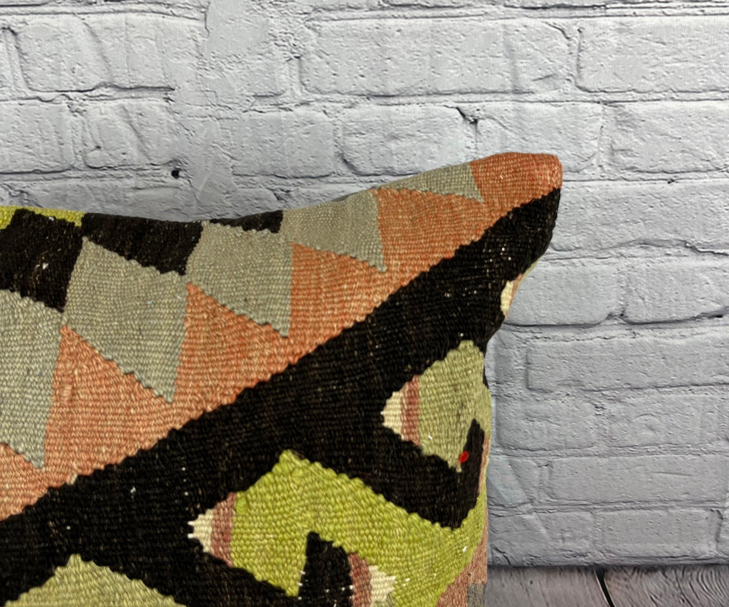 20 x 20 Cojín Turco Kilim Verde Natural Negro Funda de Cojín #6733 Anudado a mano en venta