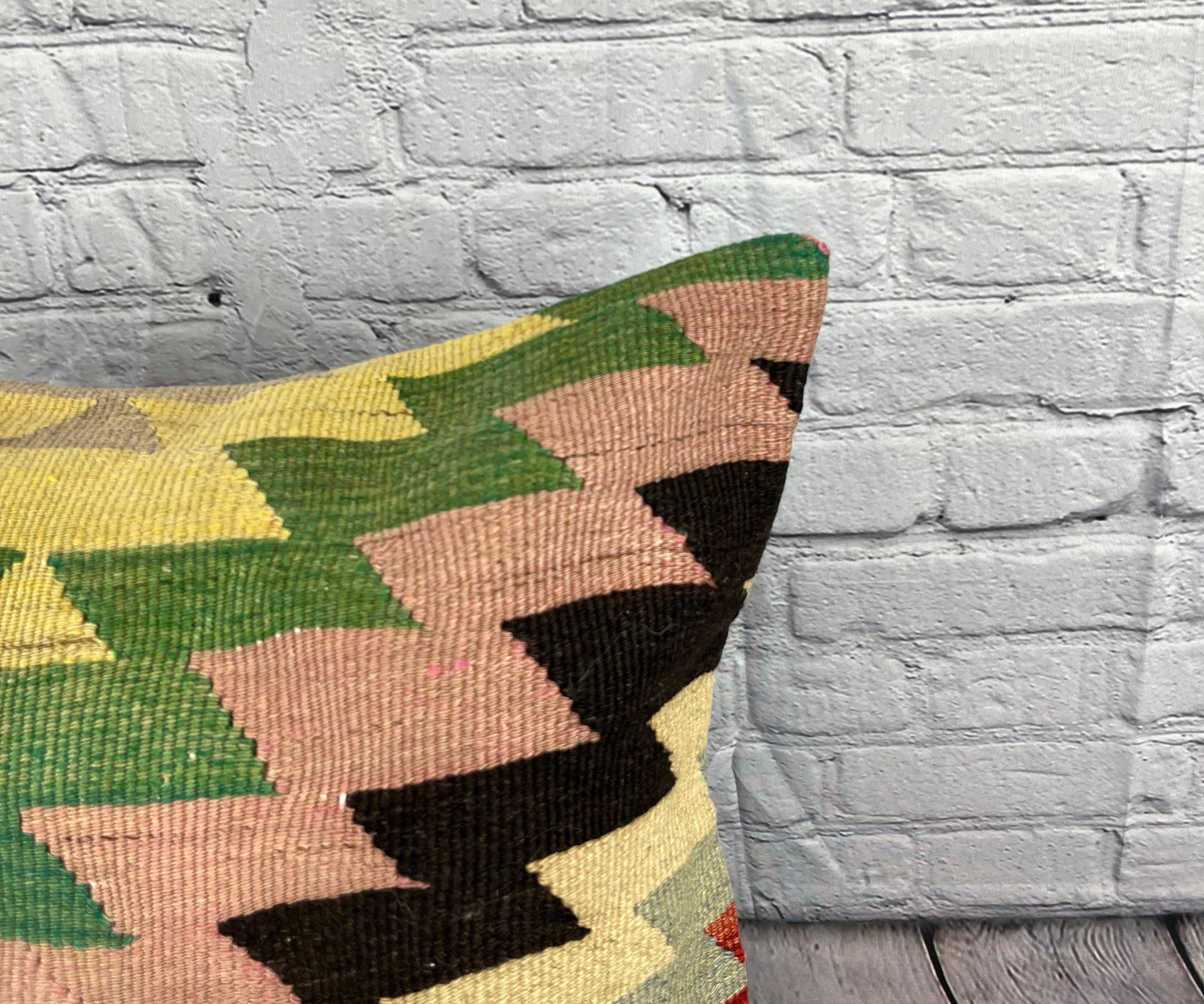 20 x 20 Cojín Turco Kilim Verde Natural Negro Funda de Cojín #6771 Anudado a mano en venta