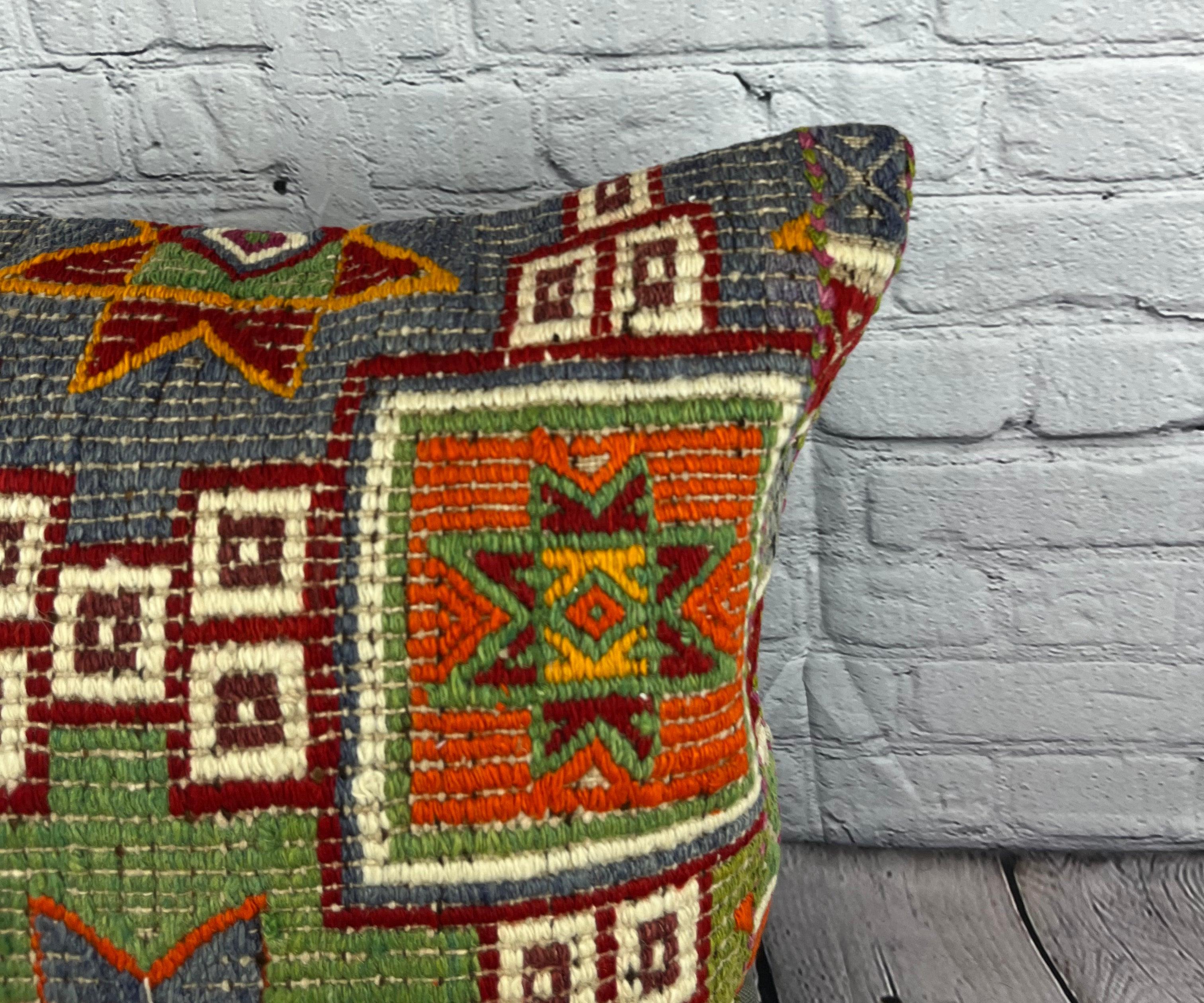 20 x 20 Cojín Turco Kilim Verde Natural Azul Funda de Cojín #6764 Anudado a mano en venta
