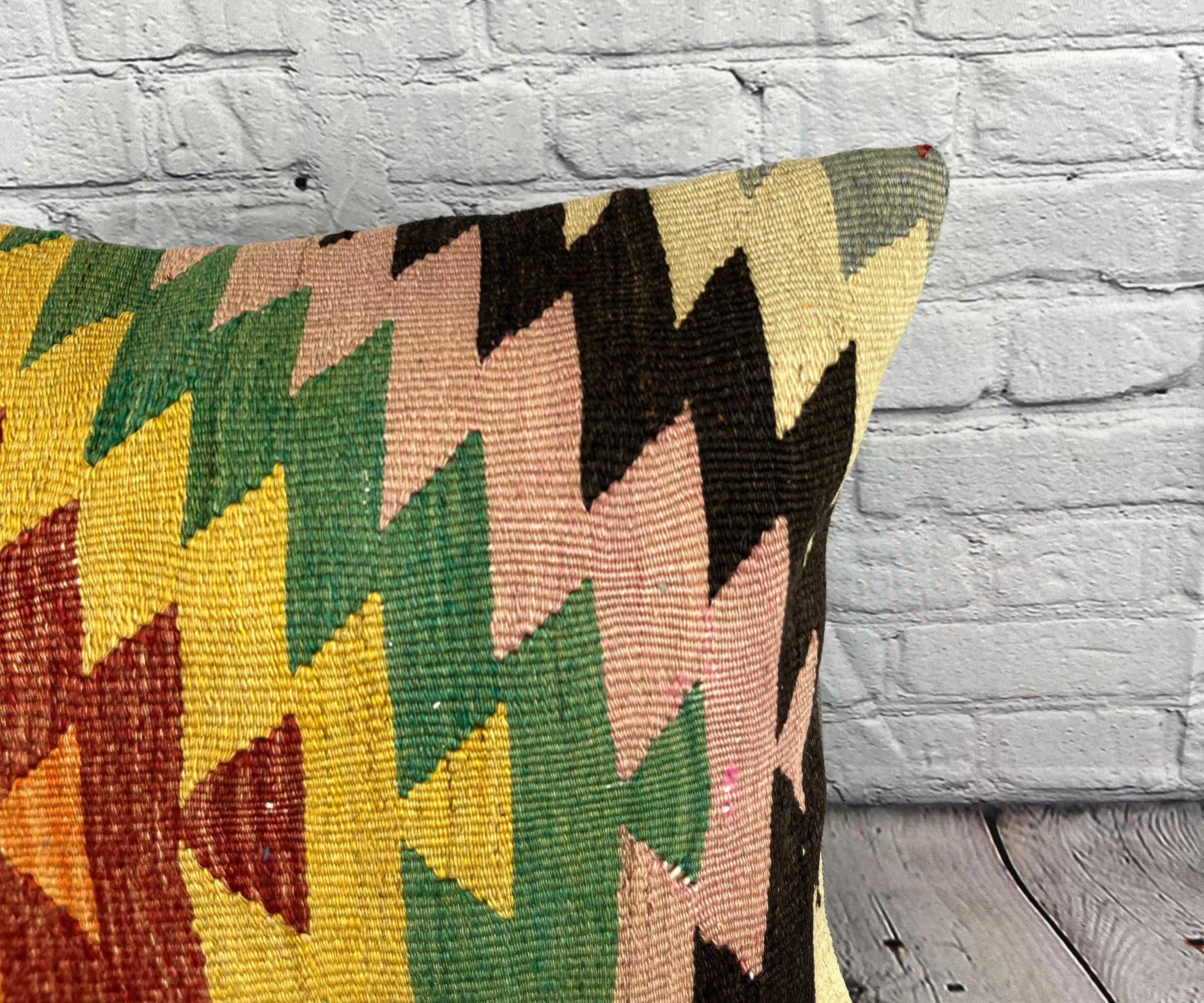 Hand-Knotted 20 x 20 Kilim Turkish Cushion Natural Yellow Green Pillow Cushion Cover #6794 For Sale