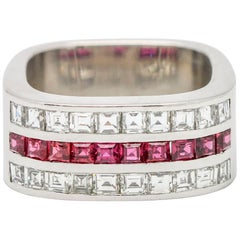 2.00 Carat 18 Karat White Gold Square Ruby Diamond Band Ring