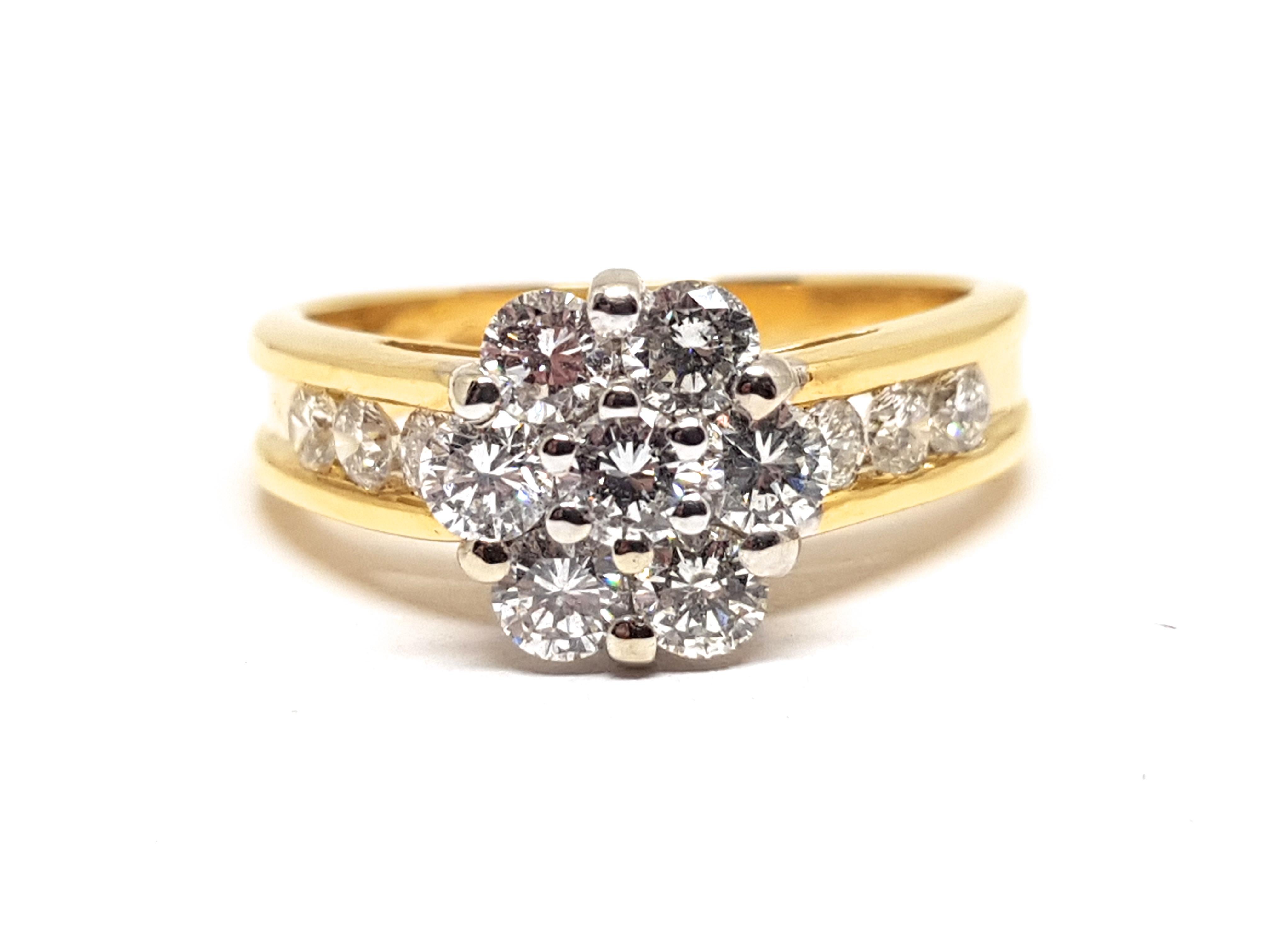 Gold: 18 Karat Yellow Gold 
Weight: 5.87gr. 
Diamonds: 2.00 ct. Colour: F clarity: VS1 
Width: 0.90 cm. 
Ring size: 53 / 17.00mm 
Free resizing of Ring up to size 70 / 22mm / US 13 
All our jewellery comes with a certificate and 5 years guarantee