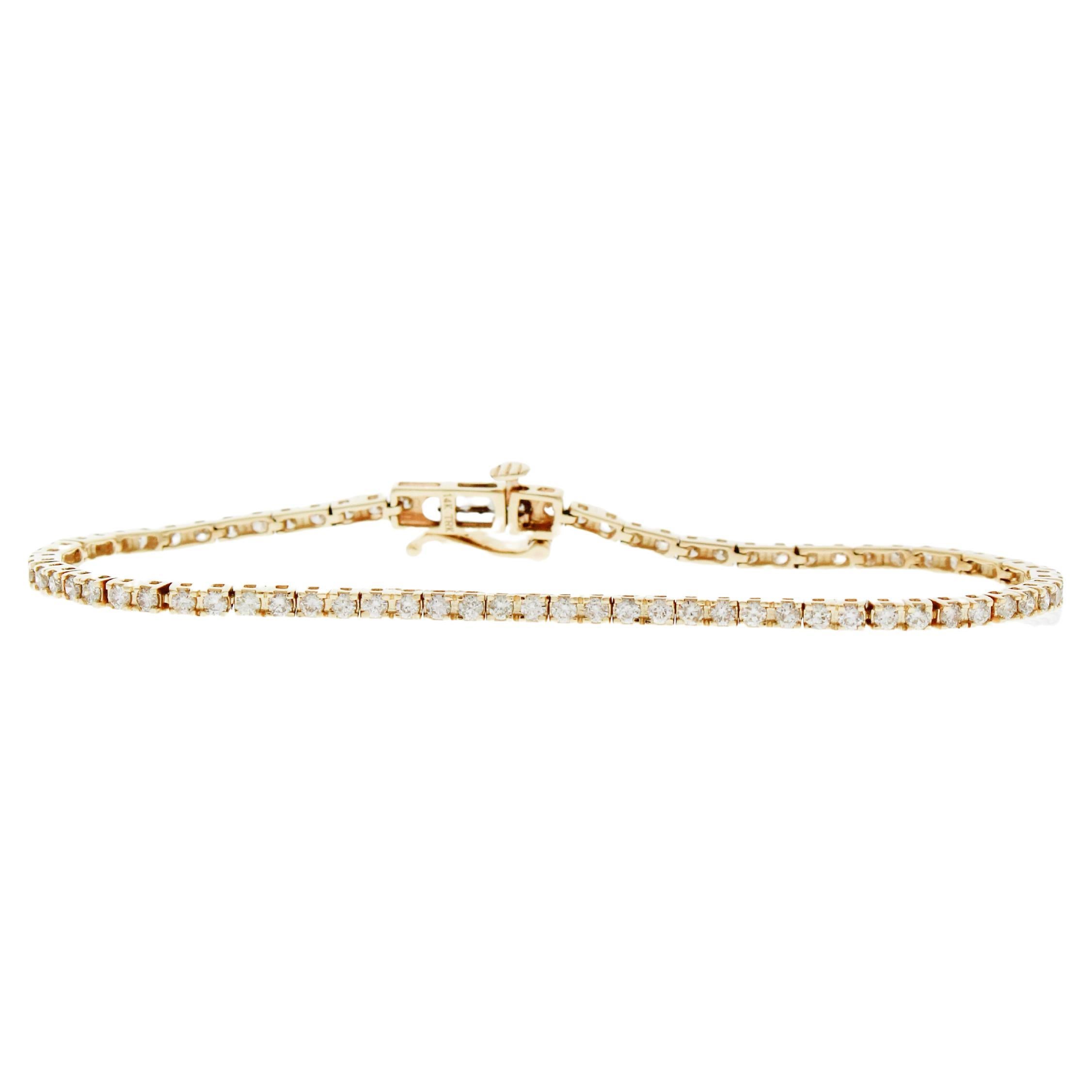 Bracelet tennis à 4 griffes en or jaune 14 carats avec diamants ronds de 2,00 carats en vente