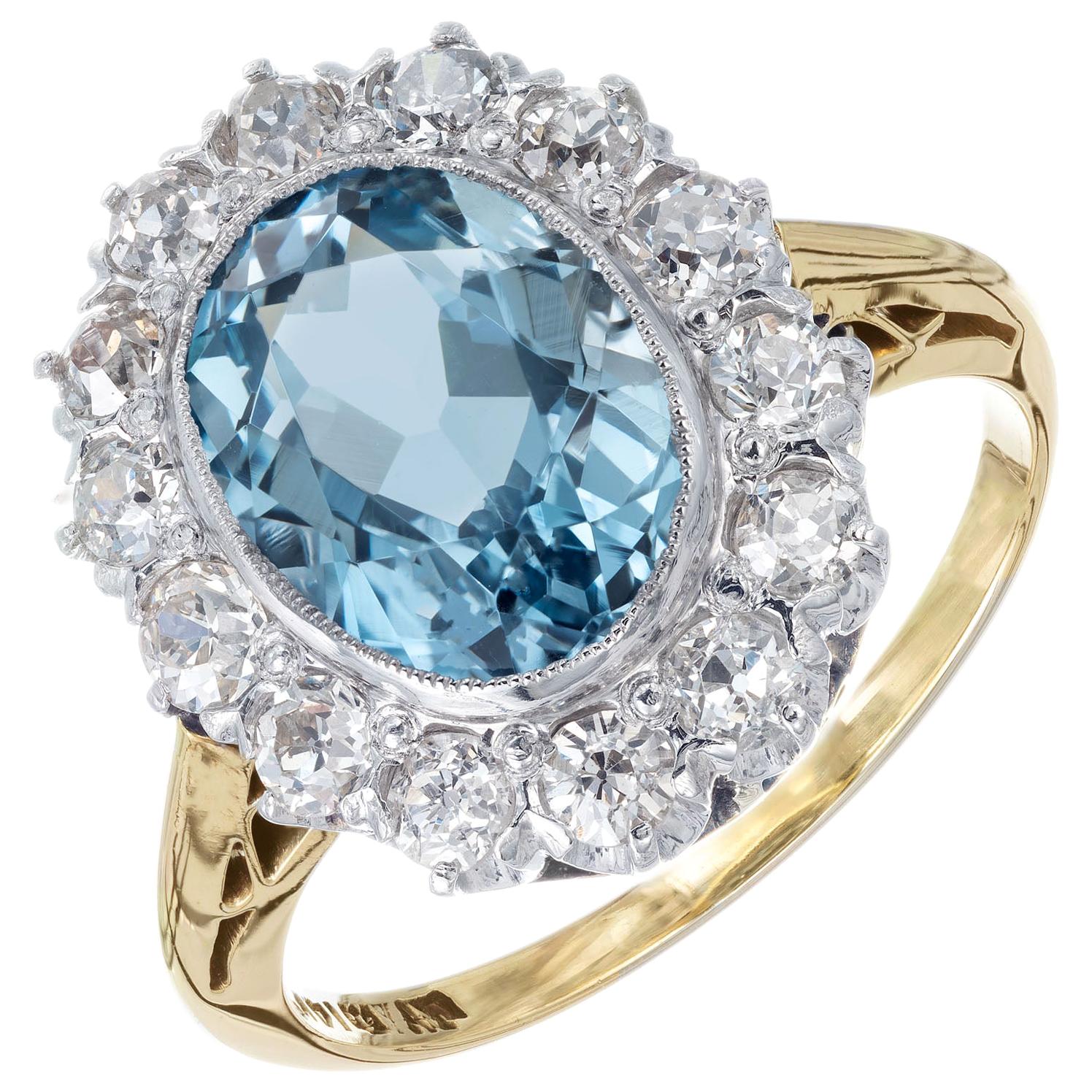 2.00 Carat Aquamarine Diamond Halo Yellow White Gold Ring