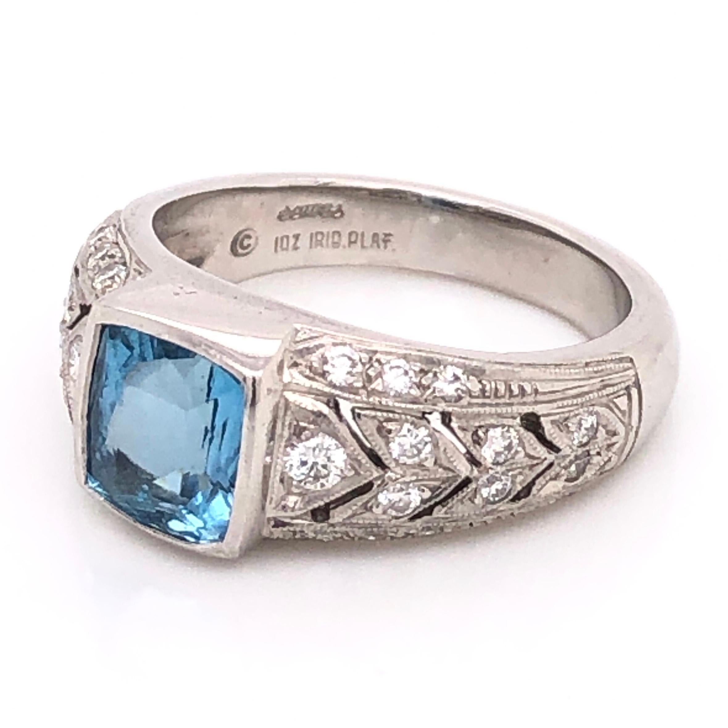 Classic and finely detailed Designer Ring by James Fine, securely set with an Aquamarine weighing approx. 2.00 Carat total weight and Diamonds, weighing approx. 0.46 and 0.72 carats. Head is 9.15mm wide and sits 5.5mm off the finger. Hand crafted