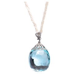 200 Carat Aquamarine Pendant with Antique Seed Pearl Necklace