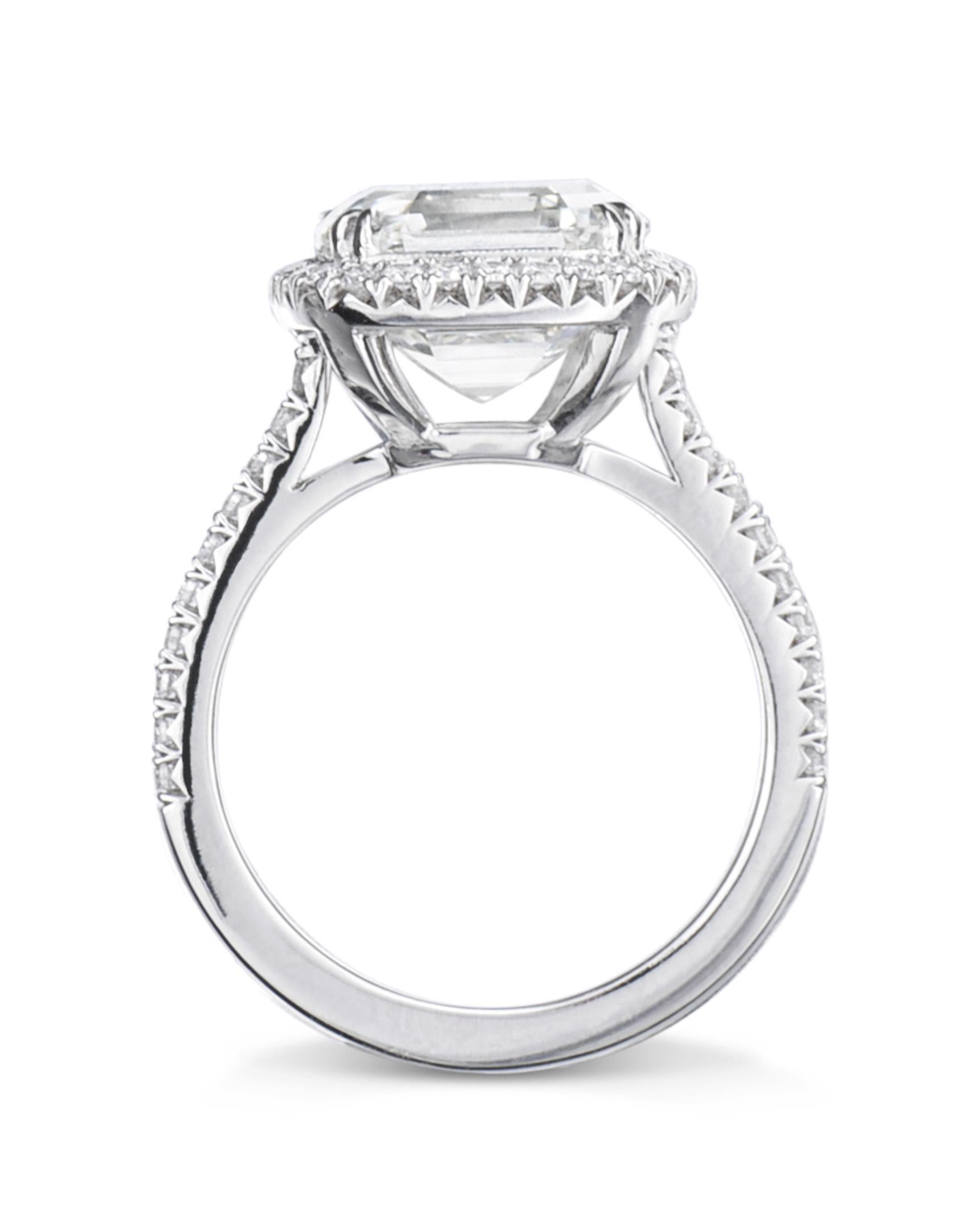 The One, an exceptional engagement ring and unique piece of fine jewelry, features a asscher-cut diamond center stone, framed by micropavé diamonds, set on a micropavé band. The timeless glamour of the micropavé setting has quickly become an iconic