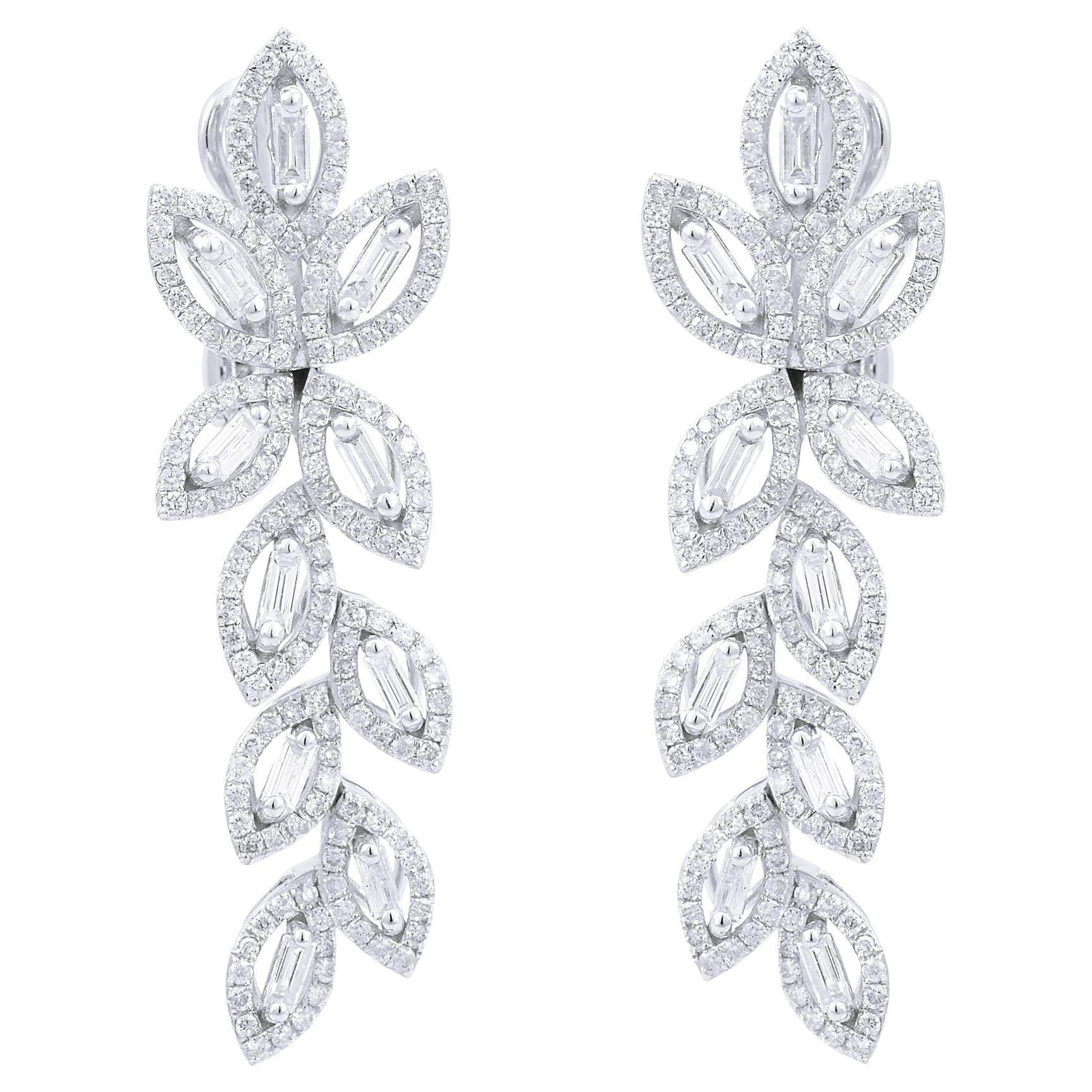 2.80 Carat Baguette Diamond Multi Leaf Dangle Earrings 18 Karat White Gold For Sale