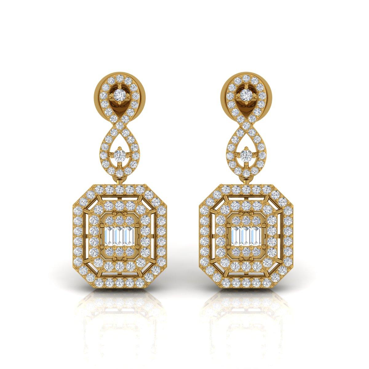 Modern 2.00 Carat Baguette Round Diamond Dangle Earrings 14 Karat Yellow Gold Jewelry For Sale