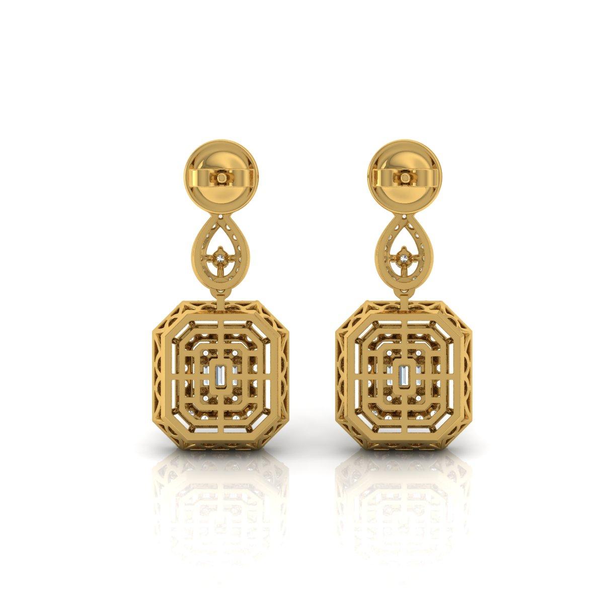 Baguette Cut 2.00 Carat Baguette Round Diamond Dangle Earrings 14 Karat Yellow Gold Jewelry For Sale