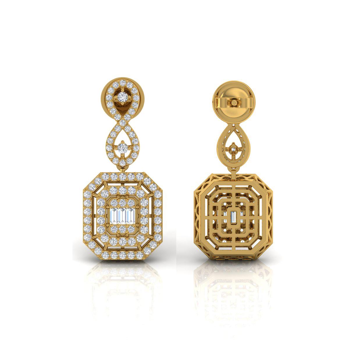 Women's 2.00 Carat Baguette Round Diamond Dangle Earrings 14 Karat Yellow Gold Jewelry For Sale