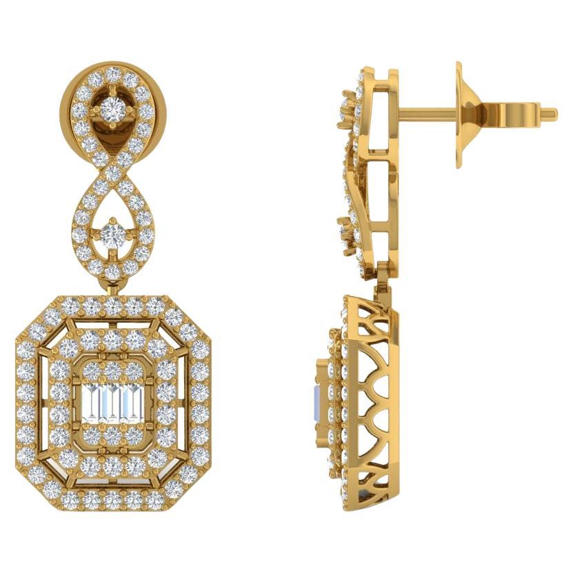 Pendants d'oreilles en or jaune 14 carats avec diamants baguettes ronds de 2,00 carats