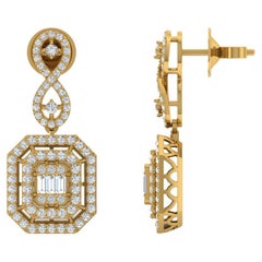 Pendants d'oreilles en or jaune 14 carats avec diamants baguettes ronds de 2,00 carats