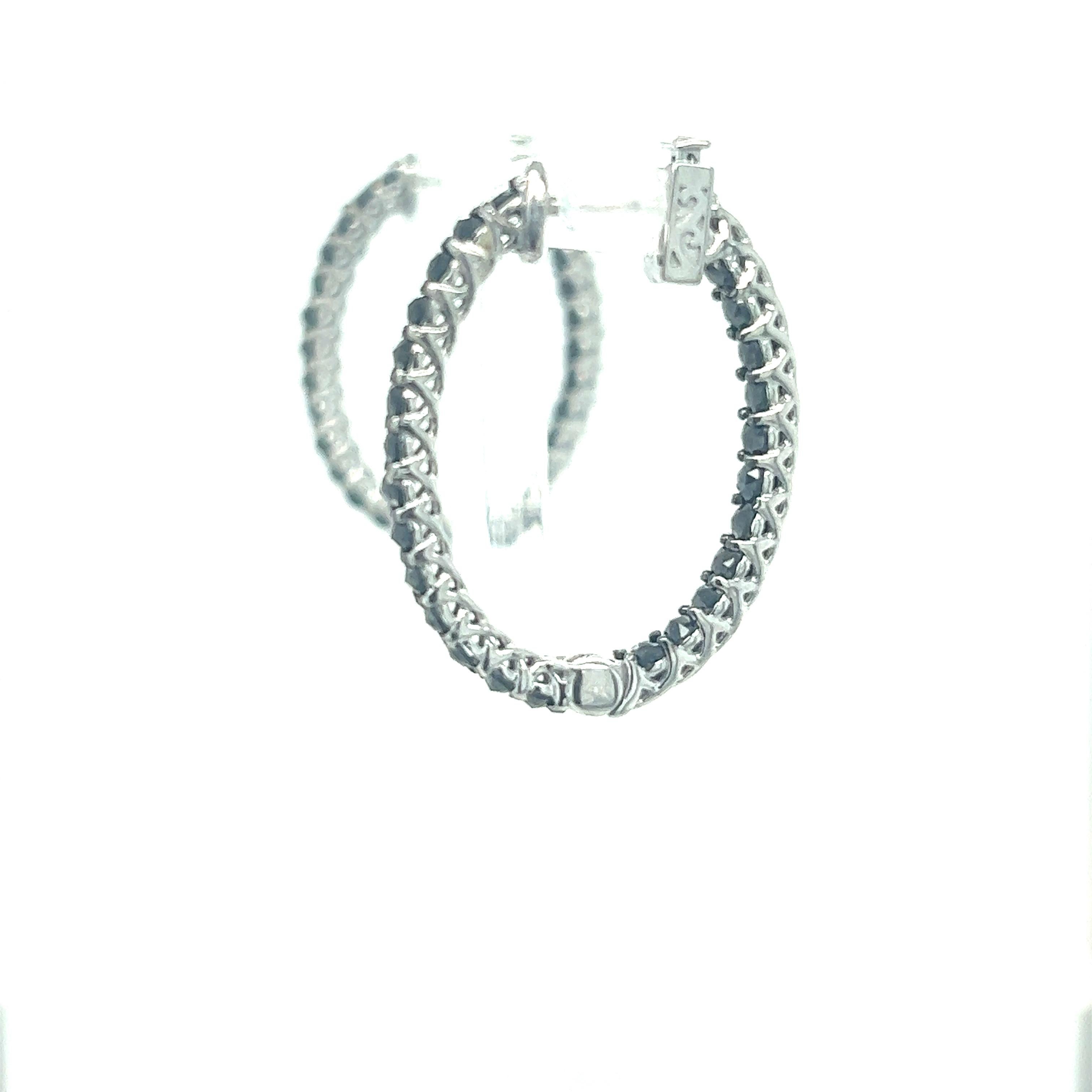 Contemporary 2.00 Carat Black Diamond 14 Karat White Gold Hoop Earrings For Sale