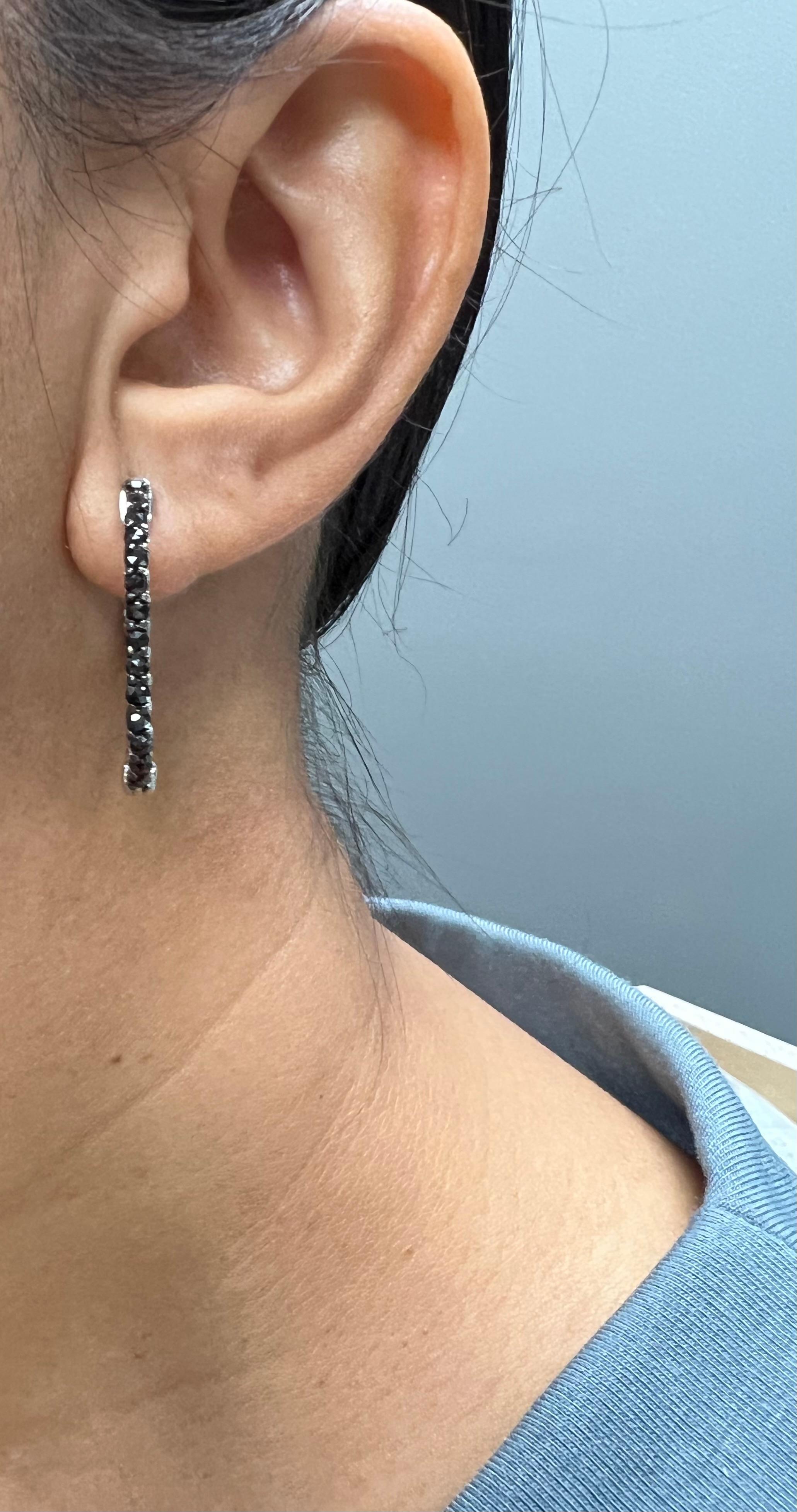 Round Cut 2.00 Carat Black Diamond 14 Karat White Gold Hoop Earrings For Sale