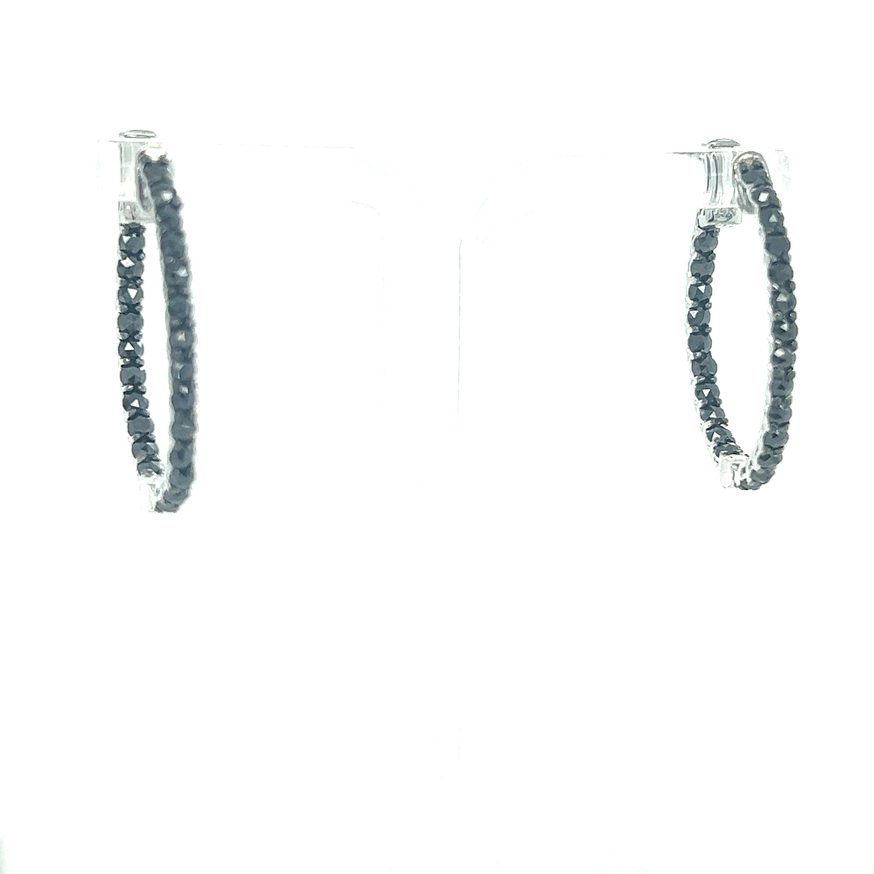 2.00 Carat Black Diamond 14 Karat White Gold Hoop Earrings In New Condition For Sale In Los Angeles, CA