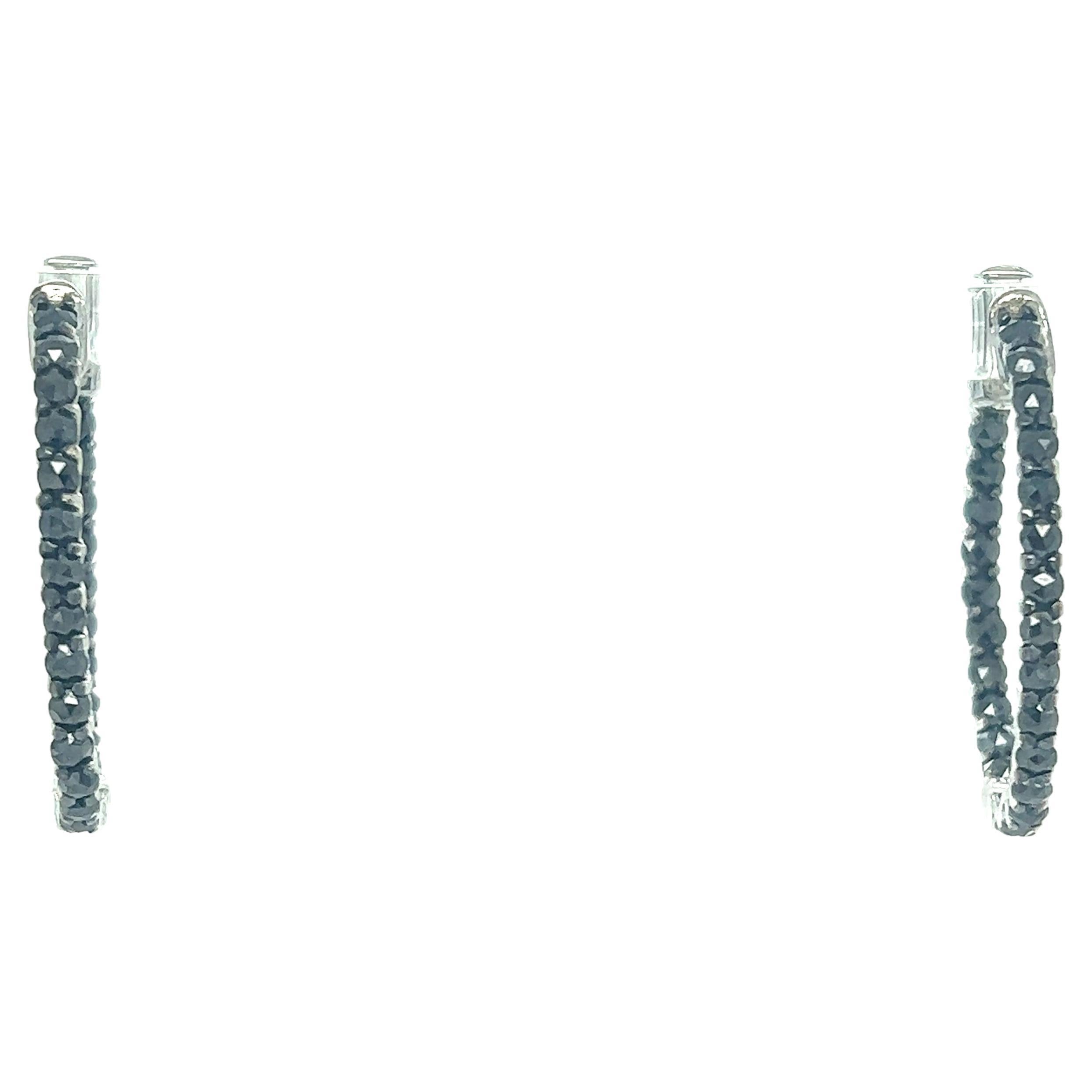 2.00 Carat Black Diamond 14 Karat White Gold Hoop Earrings For Sale