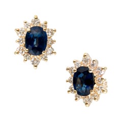 2.00 Carat Blue Oval Sapphire Diamond Halo Stud Earrings